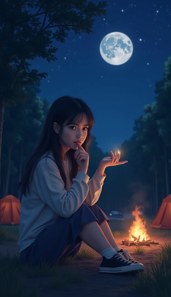 Hyperrealistic depiction of extremely cute, whimsical  with long black hair in a messy bun, long black pants and a purple patterned sweater, sitting on the shore, a small retriever next to her, a lantern, looking at the camera, the background is a distant night horizon