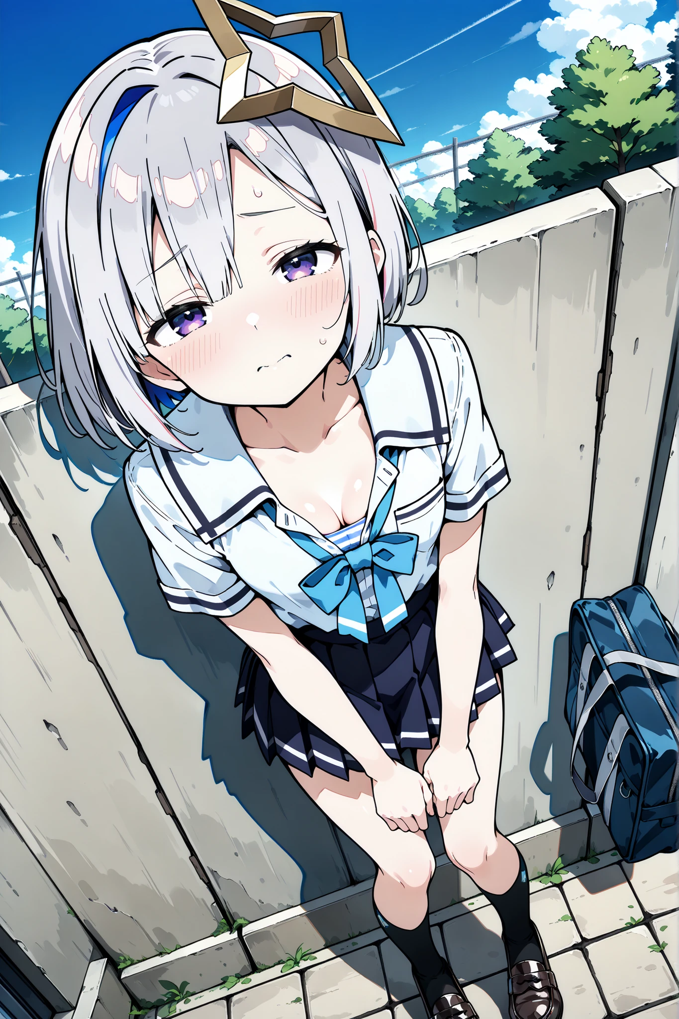 {Highest quality}, {so beautiful}, (anime coloring,flat color,details), {Best illustrations},(flat body,Slim body, young:1.2),solo,(aakanata), short hair, multicolored hair,Asymmetrical bangs, grey hair, yellow halo, purple eyes,School uniform, white shirt, short sleeves, grey pleated skirt, mini skirt, summer uniform, School bag, black socks, leather shoes,(small breasts, cleavage),(Striped underwear, sky blue striped bras),(blush,embarrassed,excited,half closed eyes,Face facing up,looking up at viewer),standing,hands back,(wall,outdoor),From above,Super close range,kanikama