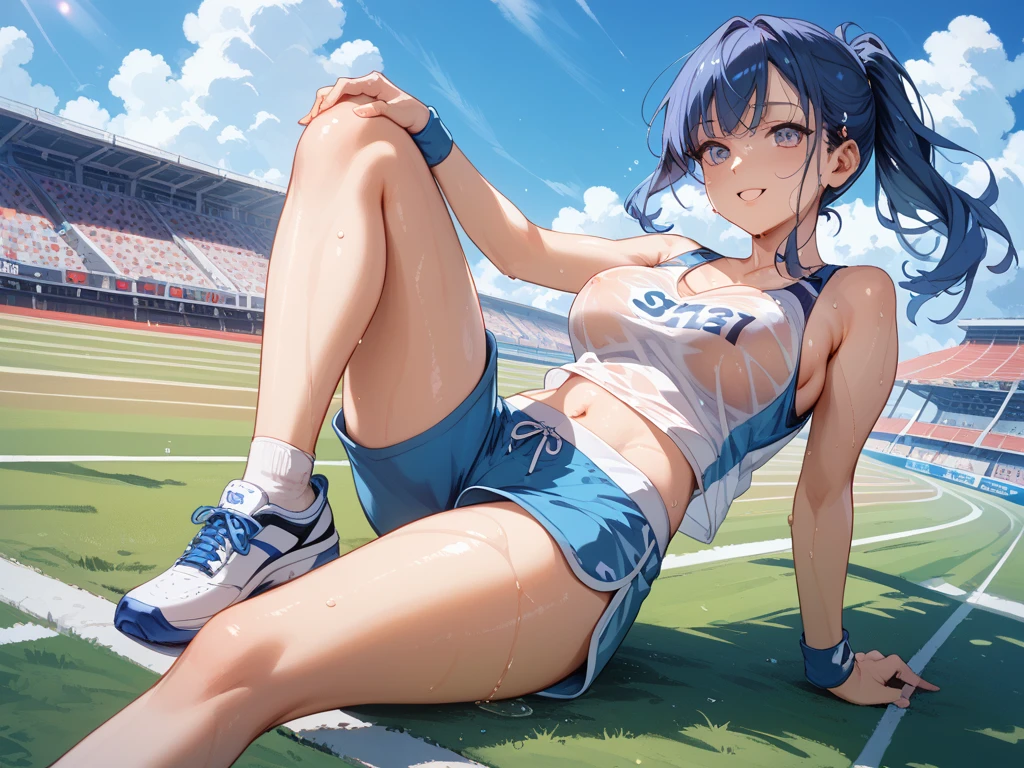 NSFW,masterpiece,Highest quality,High resolution,Super detailed,Star Town Suisei\(Hololive\),Blue Hair,One Side Ponytail,Blue Eyes,Small breasts,Track and field club,Descente Bra Top,Descente One Point Shorts,Streaks,Athletics Stadium,truck,blush,Expecting face,(Sweat),Sports Drink,Girl sitting