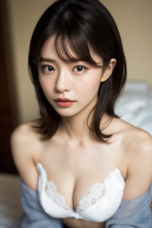 , (Mature body), Solitary,Long gray hair,black hair color, Off-shoulder, black eyes,1 Sister,A sexy pose,best quality,masterpiece,light,Extremely exquisite and beautiful,CG,Unite,8k wallpaper,Astonishing,detailed,masterpiece,Official Art,The content is very detailed Cg Unite 8k wallpaper,Extremely ridiculous,Huge file size,ultra - detailed,high resolution,The content is very detailed,Beautiful and delicate girl,Practical,full,Hotel Room,Light Contrast, Lopez, fully body photo, full, White lingerie