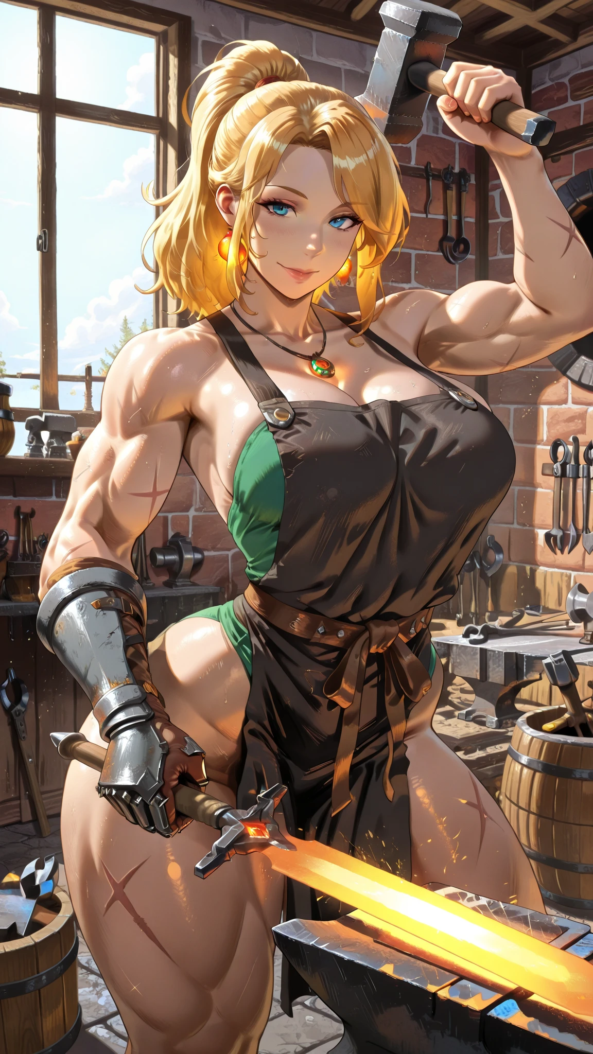 freckles, woman, blonde, cleavage, chaincore, chainpunk, steel chains, green eyes, covered in chains, chains and chains, chain skirt, lewd, sexy