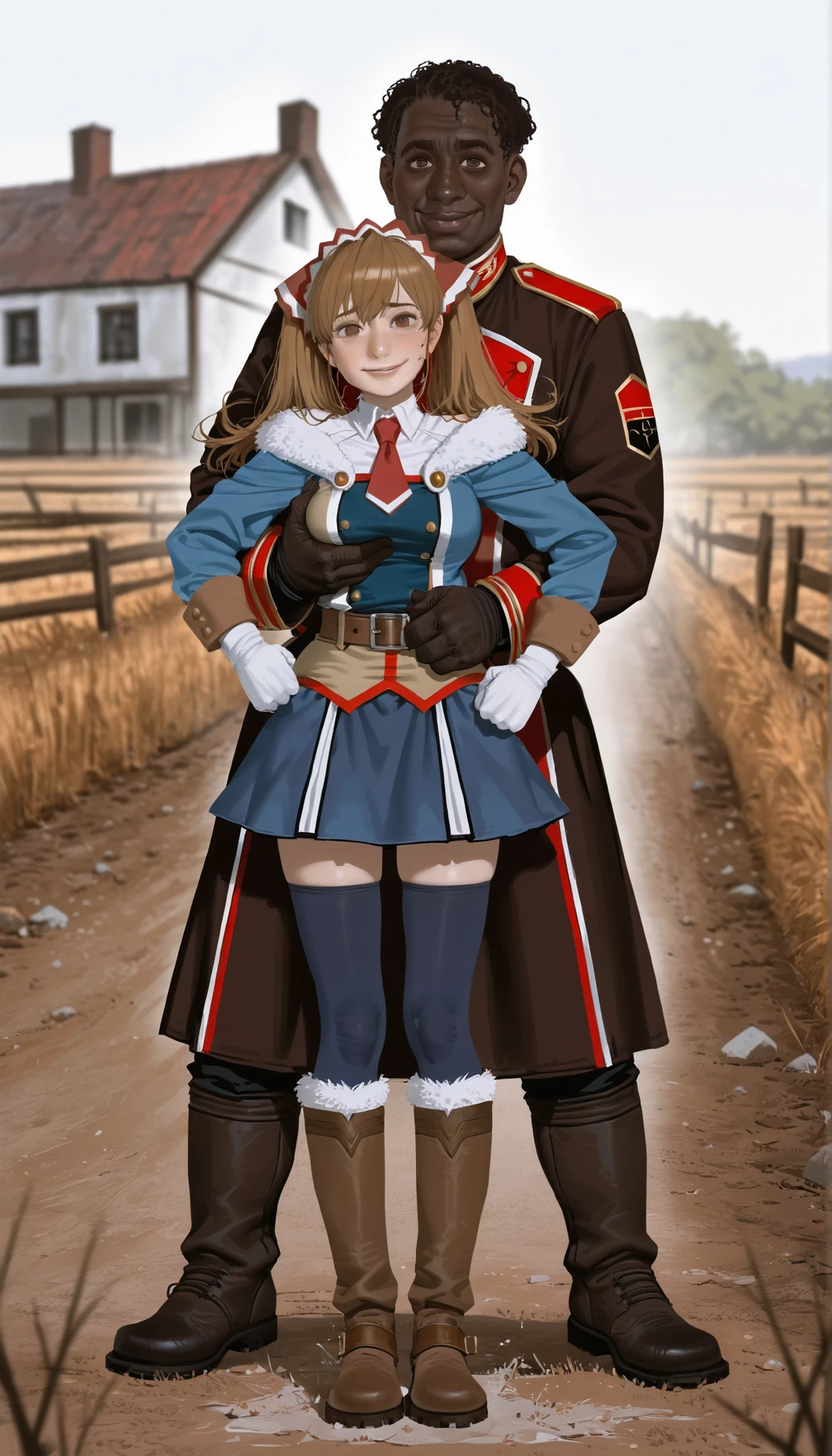 score_9,score_8_up,score_7_up,
realistic,highly detailed,
aliciamelchiott,1girl,1boy, interracial couple,
brown hair,twintails,bouncing hair,brown eyes,eyes looking at viewer, shy nervous guilty smile of cheater,headdress,military uniform,white collar,red necktie,brown gloves with fur trim,brown belt,dark blue skirt,dark blue thighhighs,knee boots with fur trim,full body,standing,front view,left fist on hip,
outdoors,countryside,vignetting,blurry background, BREAK, very dark skinned men, ntr, netorare, hugging and groping, black imperial uniform, large men, ugly evil men