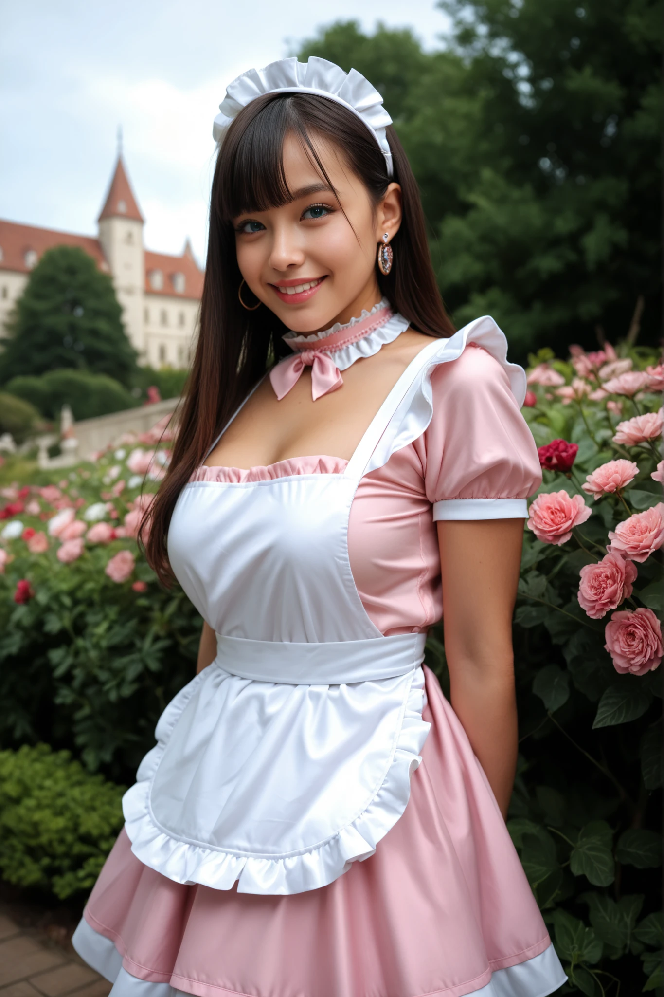 Score_9, Score_8_up, Score_7_up, Score_6_up, Score_5_up, Score_4_up, Source_real, Tag1, Tag2, Anatomically correct, realistic, 1 woman, 23 years old woman, beautiful woman, Highly detailed beautiful face and eyes, blue eyes, blonde hair, Detailed skin, (natural saggy big breast:1.3), big ass, thick thighs, wide hips, curvy, (oiled body:1.0), smile, (long hair with bangs), (tanned skin:1.2), (Cute French maid outfit, white maid headdress, pink shirt, pink skirt, white frill apron, pink ruffled choker, earrings), arms behind back, (Please take a picture from below:1.0), Summer season atmosphere, sunset, The background is the castle, Being in the flower garden,