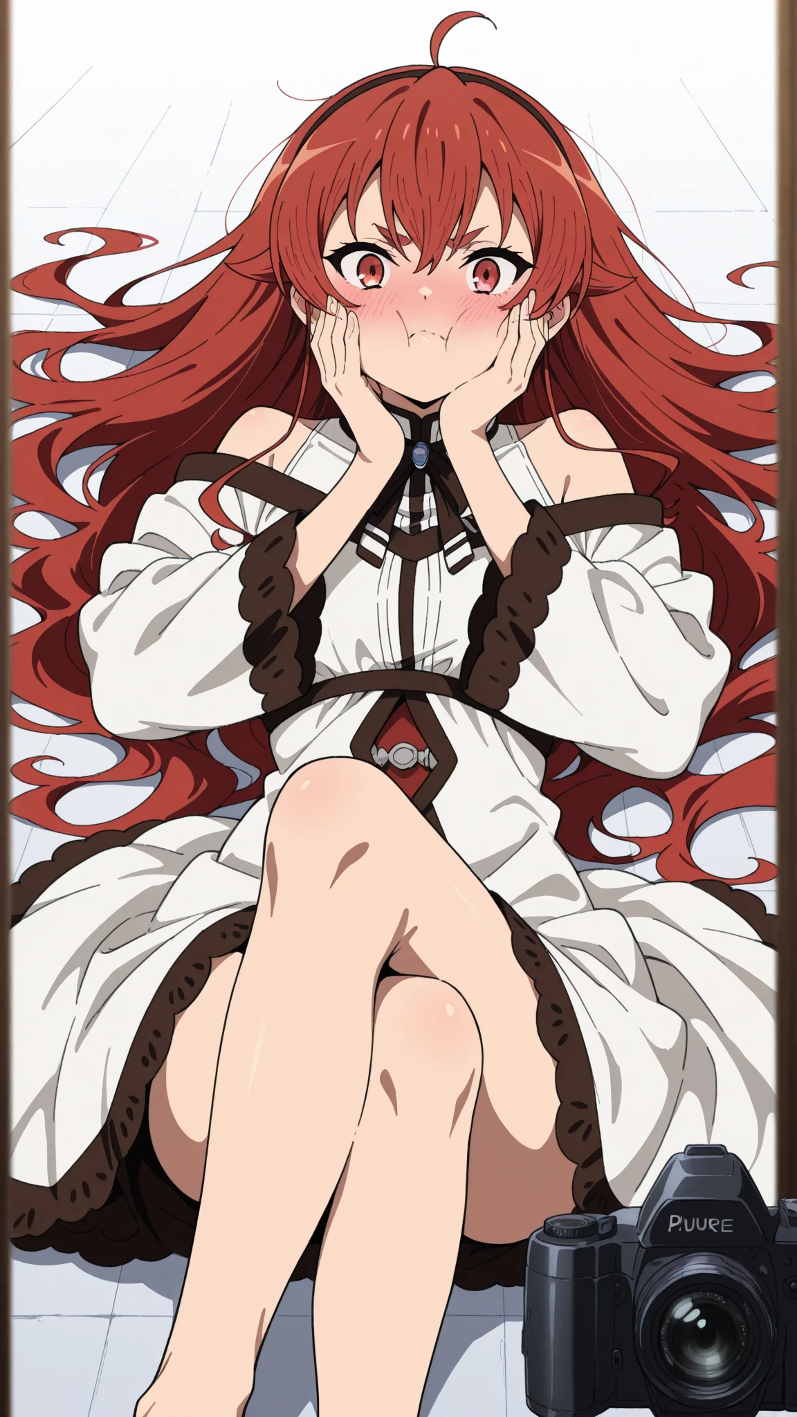 1girl, medium breast, long brown hair, copper hair tips, brown eyes, glasses, (swept bangs), maid uniform, dark blue dress, black shirt, puffy sleeves, long sleeves, white gloves, maid headdress, lace-up white panties, broken look, broken, blushing, tears, lying on the floor, cum, blood, cum and blood flowing out of pussy, bare breasts, pubic hair