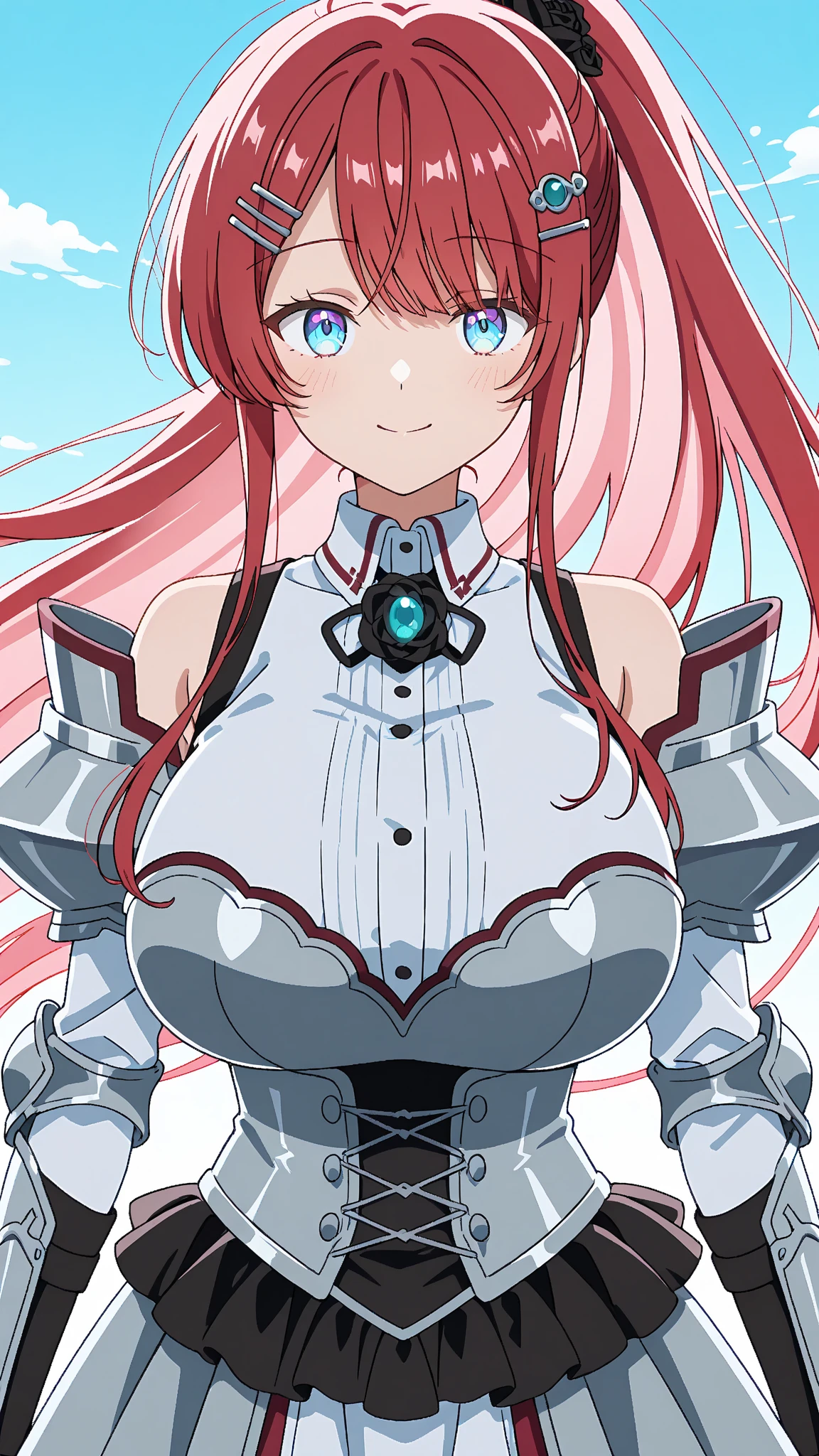 masterpiece,highest quality,(Super detailed),written boundary depth,perfect sentence, Detailed CG,Super detailed,(highly detailed eyes,very cute face,highly detailed face:1.3),beautiful anime girl,(solo girl:1.9),(super huge breasts:1.9),(pink hair,low twin tails:1.5),(light blue eyes:1.3),(smile full of joy:1.3),open your mouth,show viewer,break,(Princess Knight,dress armor,full armor:1.5),white ruffle dress,decorated gauntlets,Decorated armor,shoulder armor,small tiara,Gemstone Brooch,break,castle town,Large city gate,triumphant return of the army,(Are standing,cowboy shot :1.5)