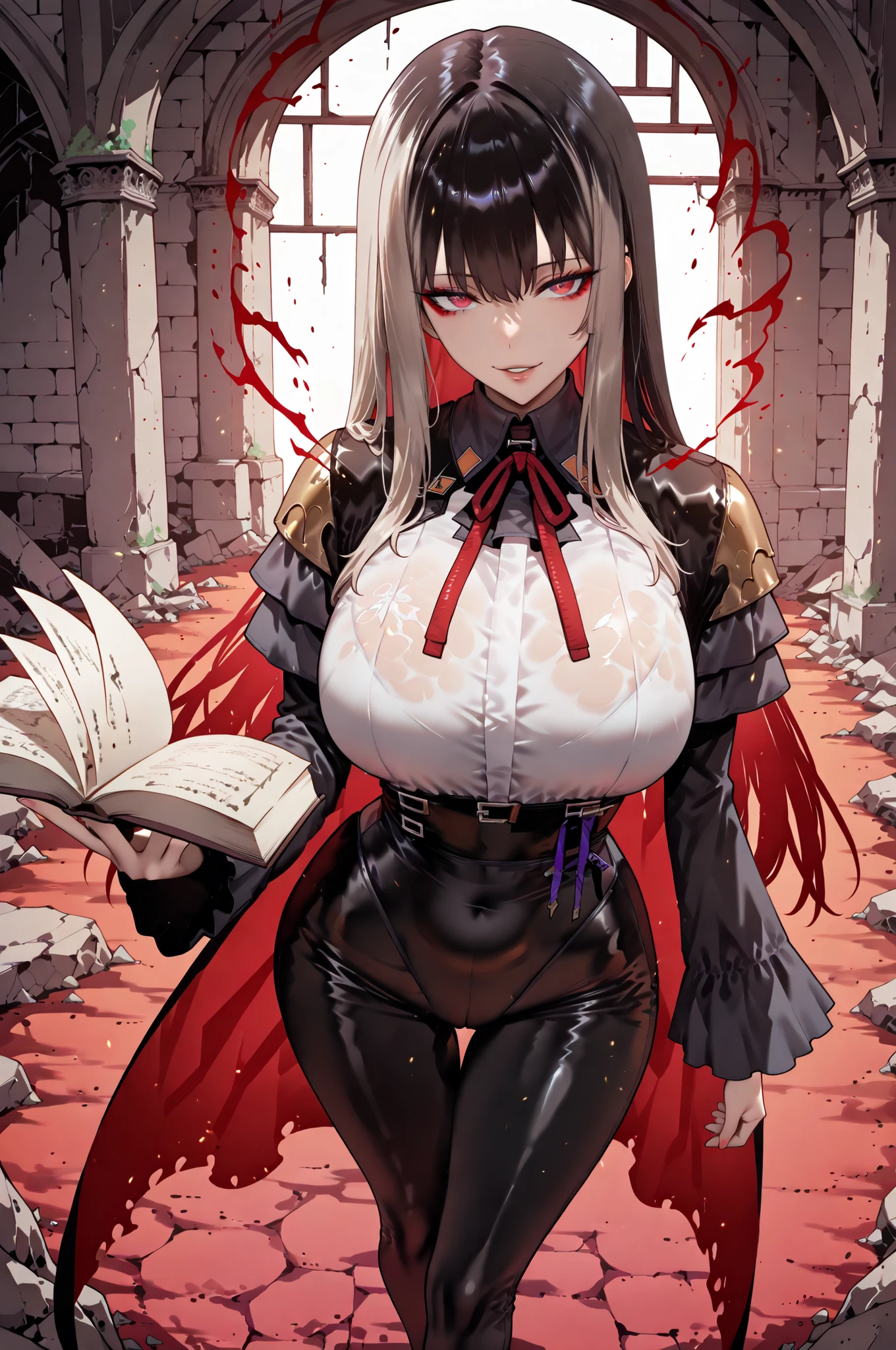 Ball of Light、光magic、taken from above、caveの中、Ruins、black suit、black longsuit、 black long jacket、ゴスロリなshirt、Depressed、Tall Woman、A woman in her thirties、 Alassah's woman、Steins;Gate、 black longsuit 、score_9, score_8_up, score_7_up, Source_anime,masterpiece、No expression、no makeup、top quality,beautifully detailed eyes in a logistics warehouse, Exquisite Eyes、A sophisticated eye、highly detailed eyes and faces,unmotivated expression、lethargic face、 long breasts, Black Jacketを羽織る、Black Jacket、shirt, big saggy breasts, shockingly big breasts, big breasts,big boobs、boobs 、Zitoida, makeup、no makeup、long hair、smooth straight hair、black slacks、tall woman、Tall Woman、plump thighs, parted lips、 shining eyes,(Fire Aura Onkown),dungeon内、Crimson Eyes、long hair、dark haired、黒い髪、Long Straight Hair、dungeon、cave、Ruins、solo、soloプレイヤー、red aura、 Crimson Aura 、Wide ass、beautiful butt、and stick your butt into the focus of your butt、long boots、Shoulder Armor、Fearless Laugh、strong、Is confident、suit pants、黒いlong pants、Black Skinny、long pants、Dynamic、Satu、fight、Satu狂、俺だけレベルupな件、arrogant、 Confidence々The smile 、bewitching smile、Sadist、Satu中、hunting、hunting、intimidating、magic使い、magic、Spell Book、magic、Spell Book、magicの本、Floating Book、floating book、Pearl of Light、Light Ball、 Floating Books、Flying Book、左手にmagicの玉