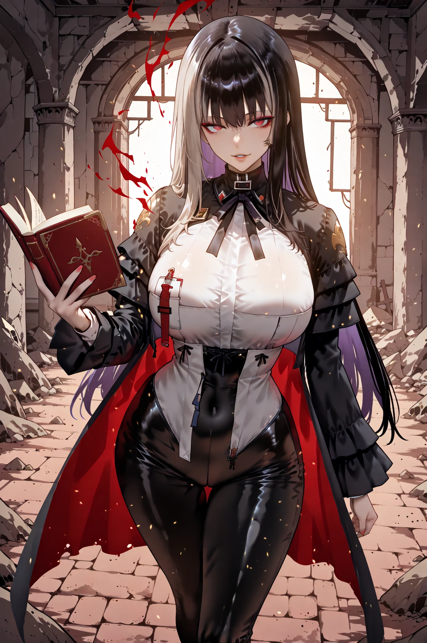 Ball of Light、光magic、taken from above、caveの中、Ruins、black suit、black longsuit、 black long jacket、ゴスロリなshirt、Depressed、Tall Woman、A woman in her thirties、 Alassah's woman、Steins;Gate、 black longsuit 、score_9, score_8_up, score_7_up, Source_anime,masterpiece、No expression、no makeup、top quality,beautifully detailed eyes in a logistics warehouse, Exquisite Eyes、A sophisticated eye、highly detailed eyes and faces,unmotivated expression、lethargic face、 long breasts, Black Jacketを羽織る、Black Jacket、shirt, big saggy breasts, shockingly big breasts, big breasts,big boobs、boobs 、Zitoida, makeup、no makeup、long hair、smooth straight hair、black slacks、tall woman、Tall Woman、plump thighs, parted lips、 shining eyes,(Fire Aura Onkown),dungeon内、Crimson Eyes、long hair、dark haired、黒い髪、Long Straight Hair、dungeon、cave、Ruins、solo、soloプレイヤー、red aura、 Crimson Aura 、Wide ass、beautiful butt、and stick your butt into the focus of your butt、long boots、Shoulder Armor、Fearless Laugh、strong、Is confident、suit pants、黒いlong pants、Black Skinny、long pants、Dynamic、Satu、fight、Satu狂、俺だけレベルupな件、arrogant、 Confidence々The smile 、bewitching smile、Sadist、Satu中、hunting、hunting、intimidating、magic使い、magic、Spell Book、magic、Spell Book、magicの本、Floating Book、floating book、Pearl of Light、Light Ball、 Floating Books、Flying Book、左手にmagicの玉