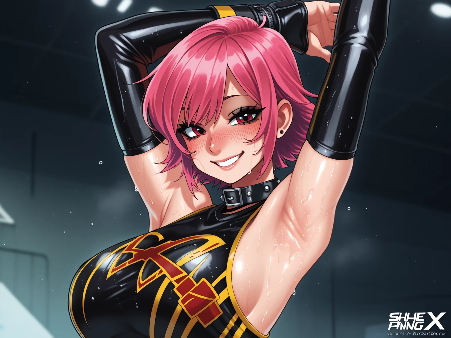 BDSM、Queen、spouse、(((One Girl)))、alone、(((Shiny latex costume)))、(((Long gloves covered in black latex all the way to the fingertips:1.4 )))、(((Black and pink latex corset dress:1.4)))、
(((Beautiful lace corset dress.)))、(((corset dress with shoulder straps)))、(((Black and pink latex tight mini skirt:1.4)))、(((Black thigh-high boots)))、(((Black fishnet stockings:1.2 )))、Stiletto heels、(((Black latex panties)))、(((black latex bra)))、(((Black leather collar)))、(((erotic)))、Blonde Short Hair、masterpiece、High resolution、
High resolution、masterpiece、Anatomically perfect body、Anatomically perfect hands and feet、Detailed face、Fine grain、Cold Stare、(Inside the house)、(squat)、Facing forward、(Concrete Background)、Hands on hips、
(Cure Black)、Belt of Hearts、(((Looking down)))、Facing forward