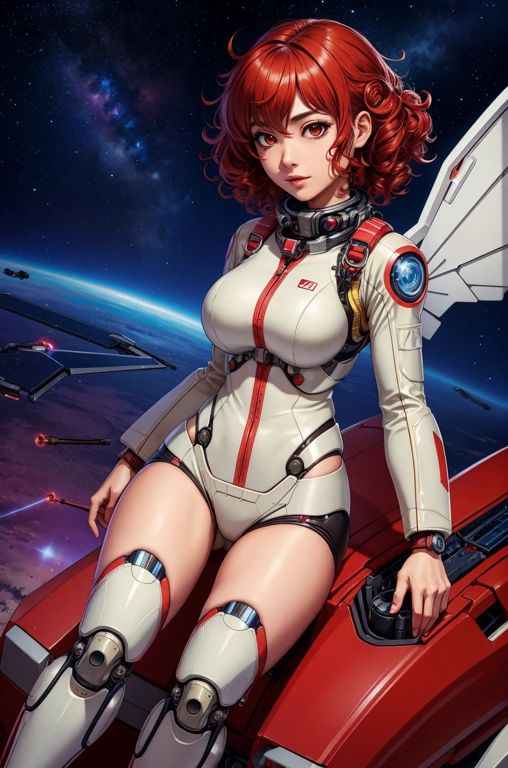 Kei from The Dirty Pair wearing a skimpy white outfit, cleavage, bushy red hair beauty, alien planet, sky, clouds, holding retro space-gun, green headband
