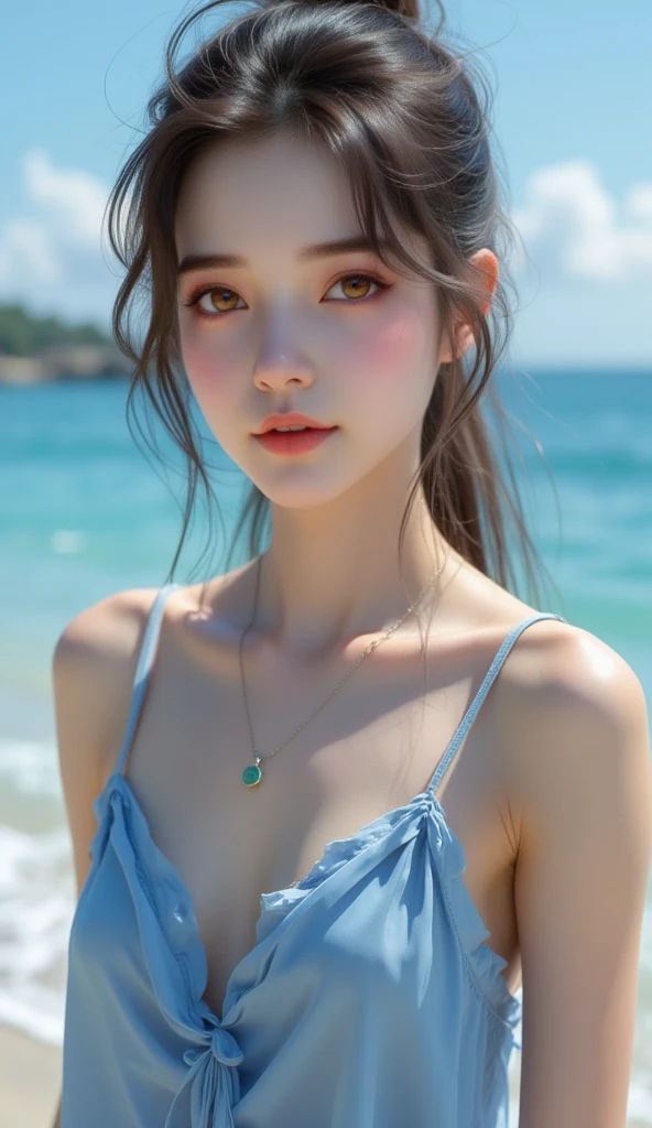 Sweet girl clothes10,korean dress, ((real)), yushuxin,1girl,solo, A young girl, Beautiful teenage girl, Slim, thin waist, High heel, Shy, Grinning, earrings、necklace、hairpin,Heavy makeup,Gorgeous eye makeup,Eyes are very beautiful, blond hair, curls, long flowing hair, seaside, on the beach, Lying on the beach, mess up your hair, Posing for photos, Pose gracefully, Random shooting angle, warm light, Warm color palette, professional lighting, photon mapping, radio city, Physically based rendering, original photo, best quality, beautiful face, beautiful skin, attractive, ultra high resolution, Super real photos