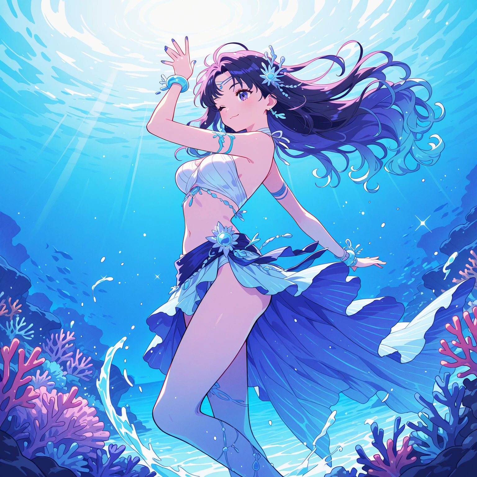 (shylily/(Twich/):1.5),(masterpiece:1.2),(best quality:1.2),{{illustration}}, {Very detailed CG unified 8K wallpaper}}}},  1 girl,  Long hair, Swimwear, Sexy, White skin, White swimsuit, Soft colors, Bare shoulders, clavicle, Swimwear, {{{Solitary}}}, short eyes, Lovely face, Loli face, good body parts, Lovely, Style imitation , Dynamic poses, Lovely girl, Perfect fingers, navel, Lovely swimsuit, {{Sexy outfit}}}, Swimming Skirt, Sexy body, boundary, , Ruffled swimsuit, Sexy swimsuit, {{{Underwater}}}, Lower Breast, glass world