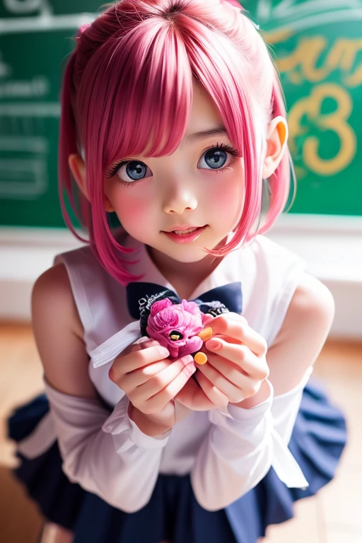10 years old French girl. With short fuchsia hair without bangs. She looks happy and very playful.