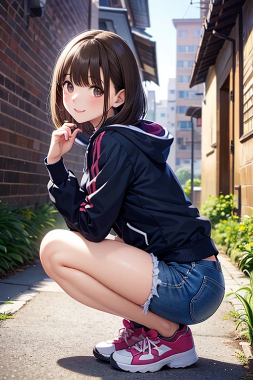 (highest quality:1.3), High resolution, Super detailed, Highly detailed CG Unity 8K wallpaper, realistic, photo-realistic, Raw photo, Beautiful and dense face, realistic glistening skin, fine fabric texture, detailed hair texture, perfect body, beautiful features, Accurate, anatomically correct, Highly detailed face and skin texture, one girl, cute, brown hair, ((ponytail, deep blue eyes: 1. 2)), ((smile showing white teeth:1.3))、thick bangs, ((red hoodie))、((sportswear、sneakers))、((packed playground))、