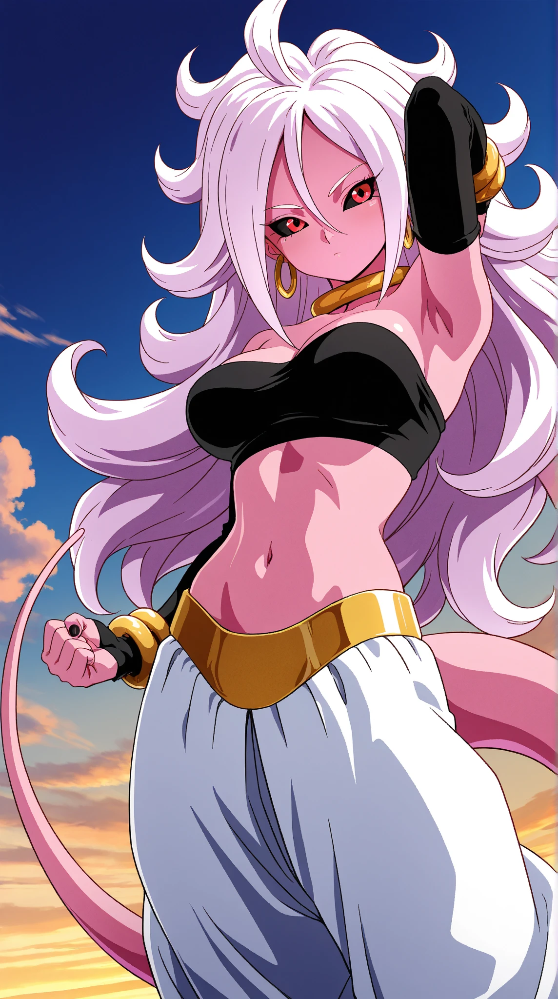 1girl, solo, mature woman, standing, fighting stance, black top, navel, large breasts, bare shoulders, colored skin:1.1, pink skin:1.2, long hair, white hair, golden belt, baggy white pants, smooth tail, pointy ears, red eyes, black sclara, gold bracers, gold necklace, large hoop earnings,<lora:Char - Android21MajinForm:1>
detailed background, lab, science equipment, destroyed lab, rubble, <lora:Skin - ColoredSkin:0.4>