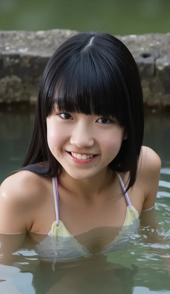 cute, 15歳のアイドルのようにcute日本人少女、Smiling Kindly、Cleavage、bikini、camp site、Playing in the water in the stream、((whole bodyずぶ濡れ))、whole body、RAW Photos、Genuine、Genuine、realism、High resolution