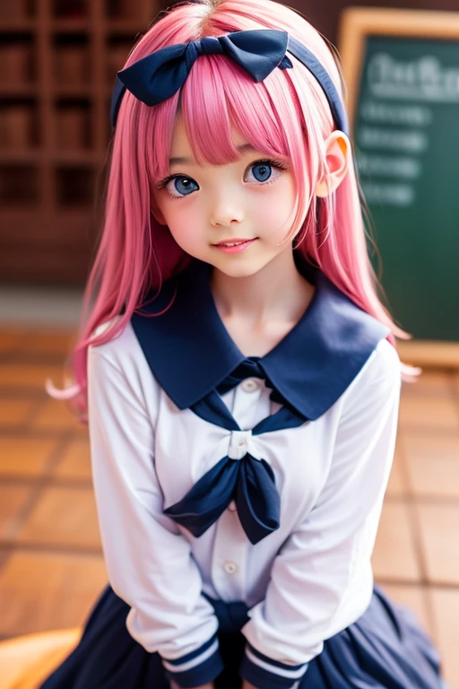 absurdres, highres, ultra detailed, smile,open mouth,standing, looking at viewer,tracen , summer uniform, serafuku, puffy short sleeves, bowtie, horseshoe ornament, sailor collar, sailor shirt, frills, white skirt, purple shirt, miniskirt, zettai ryouiki, white thighhighs, brown footwear, shoes,viblos \(umamusume\),twintails, brown hair, long hair, hat,large , purple eyes, multicolored hair, ear ornament, hair ribbon,