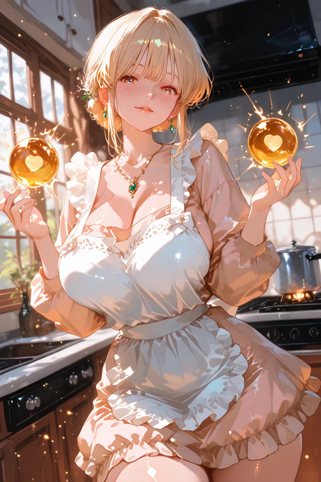 14 years old、beautiful girl、smile、Yellow Hair、Big eyeoonlit Night、Close-up of face、Beautiful collarbone、Yellow Dress、Close-up of face、Cleavage、Yellow Earrings、Curly Hair、Yellow Bikini