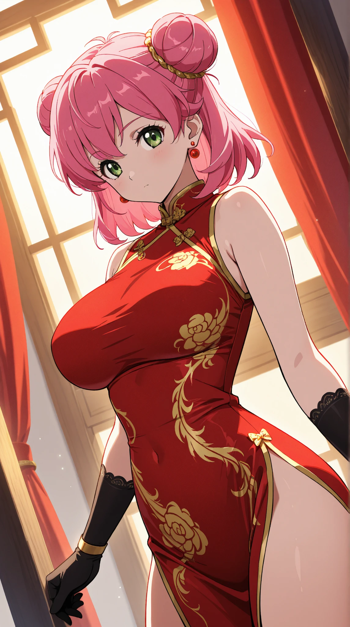 nsfw,((Masterpiece)),((high resolution)),((Best Quality)),Anime illustration,((1girl)),(wavy hair),(short hair),(pale pink hair color),small ponytail,Red eyes,(Big round eyes),((tareme)),12 years old,((loli face)),((very big breasts)),Short stature,,,china dress,blush,I'm very embarrassed,arms up behind,