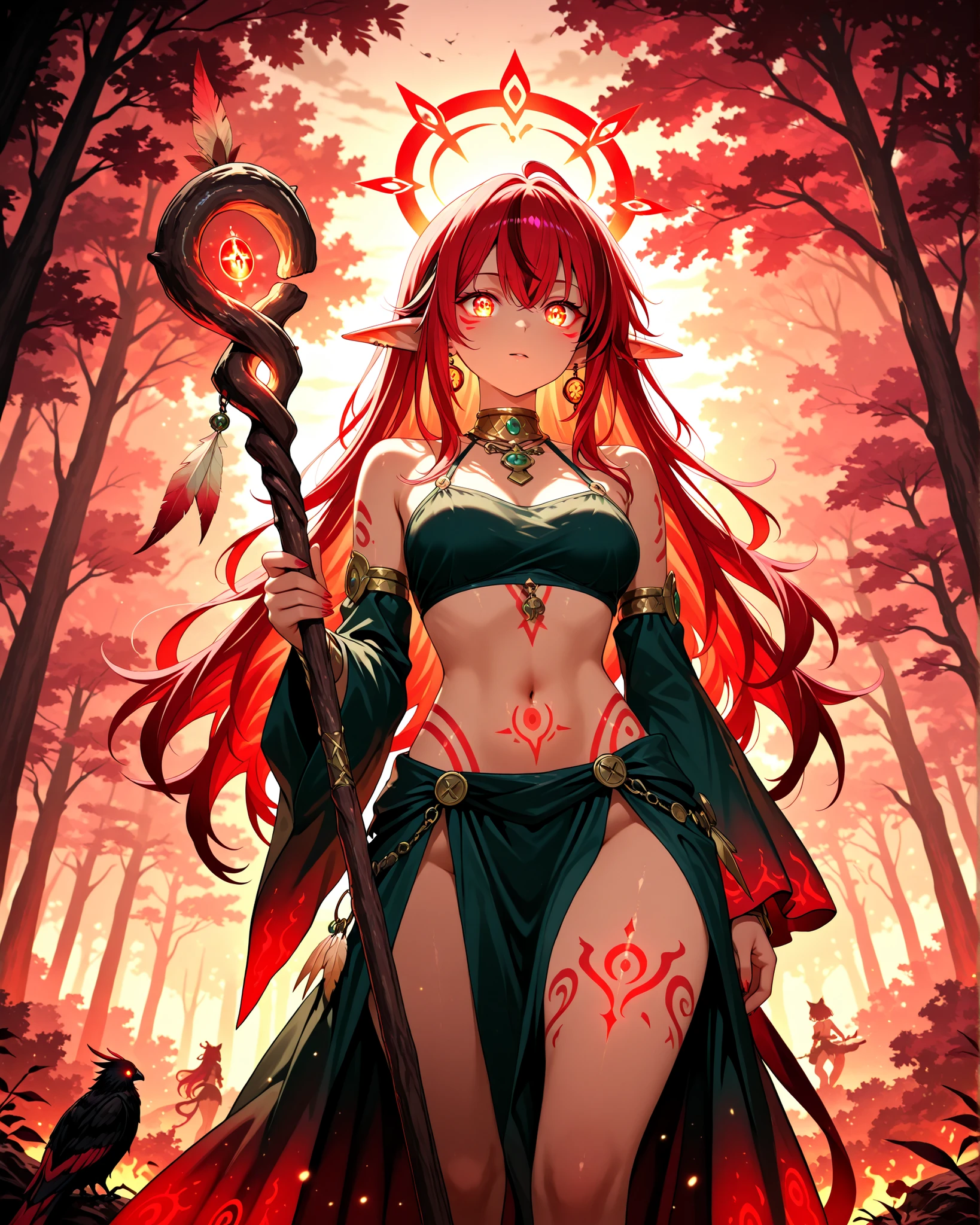 1 woman 35 years old, full body, Barbara with long red hair, muscular woman, large breasts, animal skin clothing, with a bear amulet, bone sword, amber eyes, light skin, angular features symmetrical facial features, 10,000 BC, in an autumn forest with orange leaves