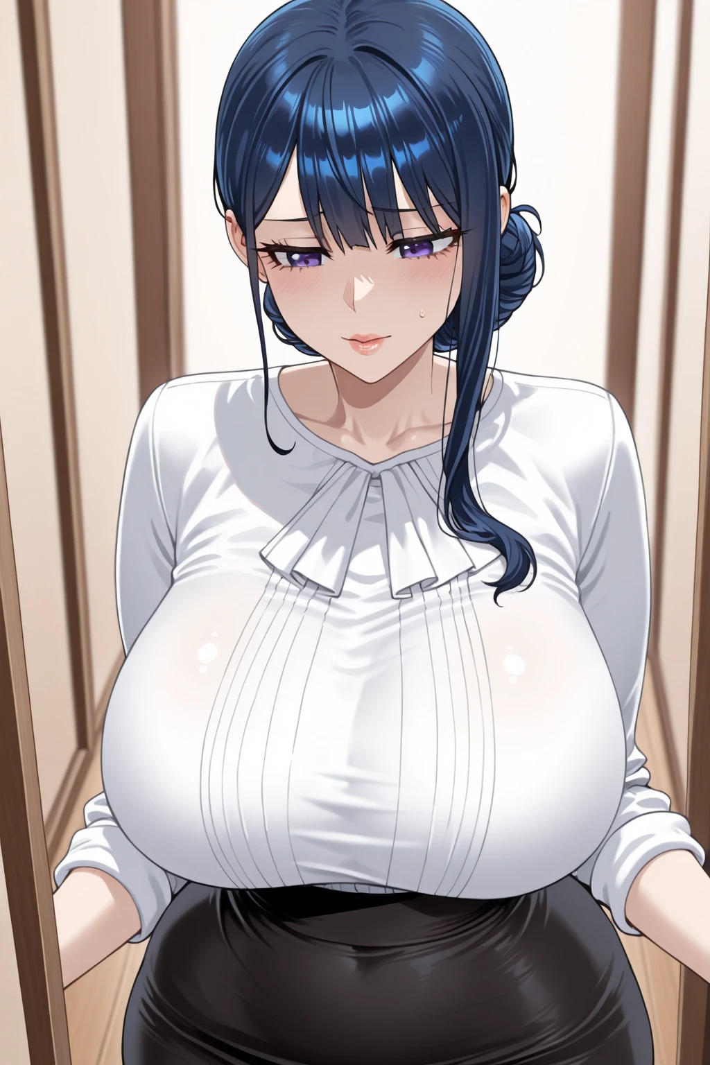 NSFW Cowboy Shot, maturefemale,1 girl, Perfect face,Vestigful face,Perfect eyes,Black_hair, long_hair, hair_Pulled_Back,parted_Lips,Purple_Eyes, white_Kimono,huge-breasted,cleavage,braid,Solo,Indoors, (masutepiece,Best Quality,hight resolution:1.2),Ultra realistic 8K CG,the Extremely Detailed CG Unity 8K Wallpapers,credibly_absurderes,Detailed shadows,flawless,clean,Cinematic lighting,Cinematic bloom