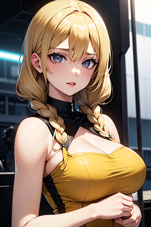 portrait of, redhead, yellow-white eyes, long hair, redheadの髪, wavy hair, bangs, background golden hour, null, to the chest, White blouse with ruffles, race, tattoo on neck, tv tattoo