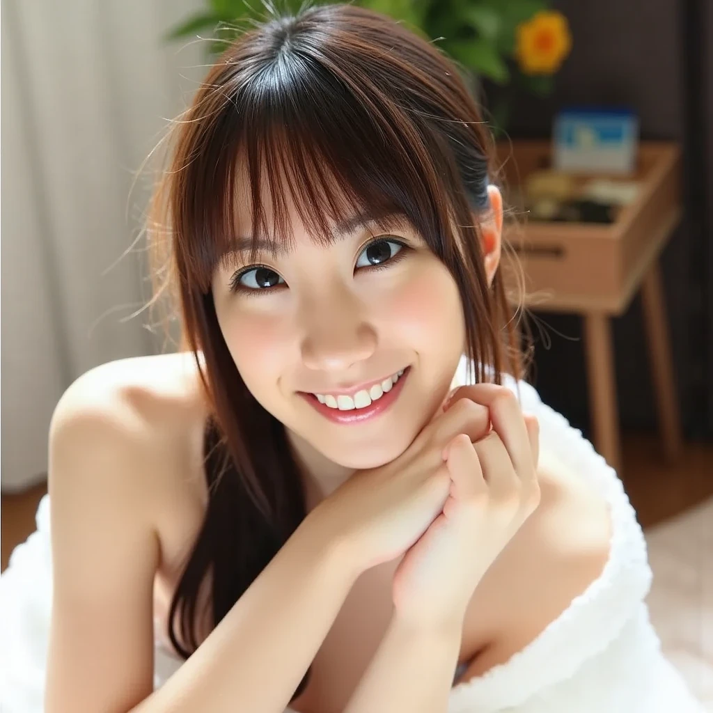 Lying down、Delicate your body、smile、Bright sun、White single room、(real, High resolution:1.3), One girl with a perfect body, Very beautiful face and eyes、Black Hair, Naked:1.2, Big Breasts,tits、Upper body naked、The eyes are human-like、Massage the breasts、Shortcuts、Long Hair