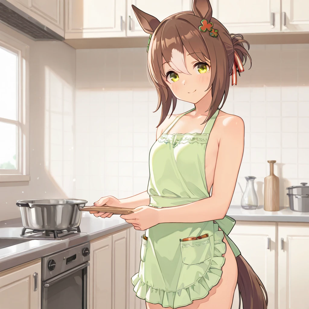 boy, squirrel, furry, bodyfur, tail, collar, bra, bottomless, gloves, boots, chibi, sparkling eyes, idol, hair bow, happy, full body, penis, testicles, cooking, kitchen, apron, looking back, eating