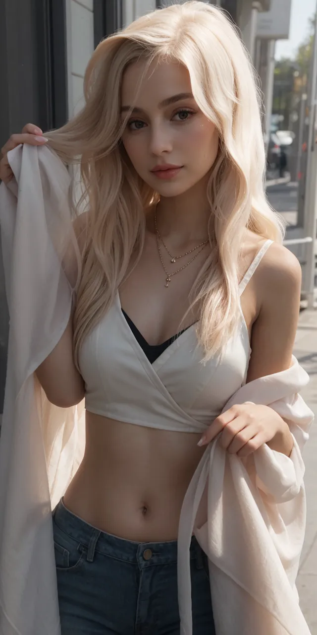 Harajuku fashion, A 20 y.o (fit girl) in a white sheer fabric LACE CAMI, (loose & oversize light jacket:1.27), smooth skin, short pants, (platinum:1.25)brown hair, (Haircut For Wavy Hair), dynamic pose, ((puffy eyes)), (flowing hair), smile, happy, happiness, high detailed skin, skin pores, stunning innocent symmetry face, long eyelashes, black eyeliner, light golden eyeshadow, light pink nose blush, outdoors, Harajuku street, (wind), (NSFW:1.3)