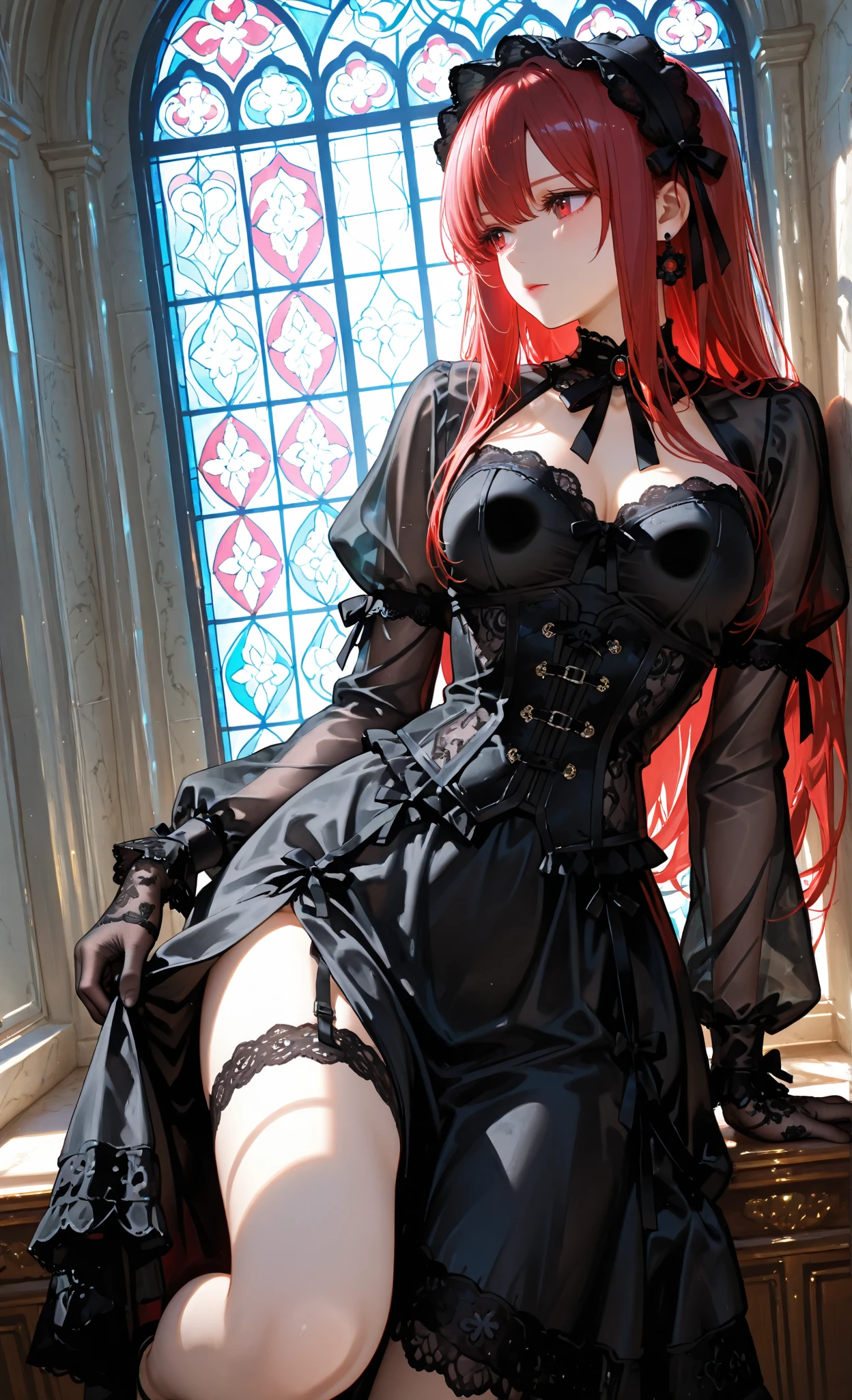 arafed, high details, best quality, 16k, [ultra detailed], masterpiece, best quality, (extremely detailed), dynamic angle, ultra wide shot, RAW, photorealistic, a wide angle picture of a vampire, a [female vampire] wedding night (best details, Masterpiece, best quality) vampire female in blood stained lowleg panties (best details, Masterpiece, best quality: 1.5), legs spread wide open, best detailed face (best details, Masterpiece, best quality: 1.5), ultra feminine, grey skin, red haired, long hair, blue eyes, intense eyes, wearing lowleg panties, blood stained (best details, Masterpiece, best quality: 1.3), (best details, Masterpiece, best quality: 1.4), bloody face, BREAK a beautiful vampire(best details, Masterpiece, best quality: 1.5), ultra detailed face (best details, Masterpiece, best quality: 1.4), Ultra-Wide Angle, high detail, award winning, best quality, HD, 16K, 3D rendering, high details, best quality, highres, ultra wide angle, 3D rendering, [[anatomically correct]]