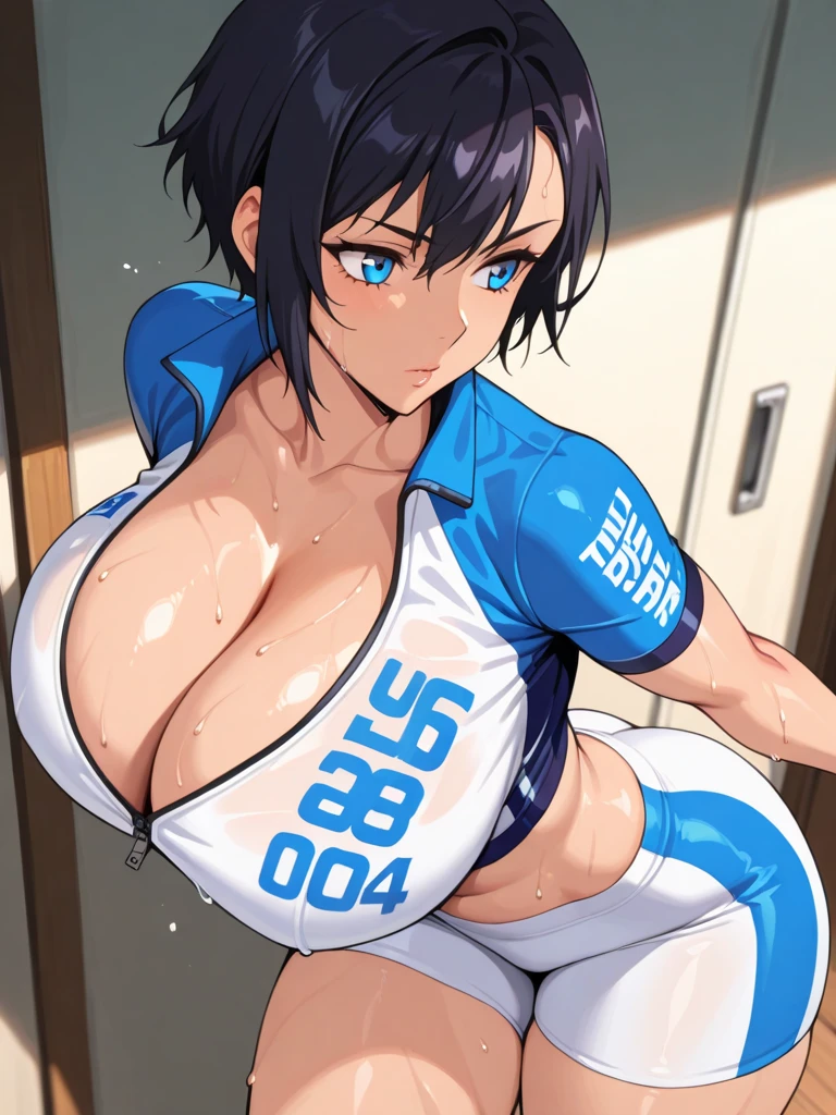 1girl, hourglass figure, mature female, milf, large breasts, ponytail, blue jacket, black hair, blue eyes, smile, shirt, white shirt, jacket, bikini, long ponytail, large ponytail, very short hair, pixie cut, forehead, sitting