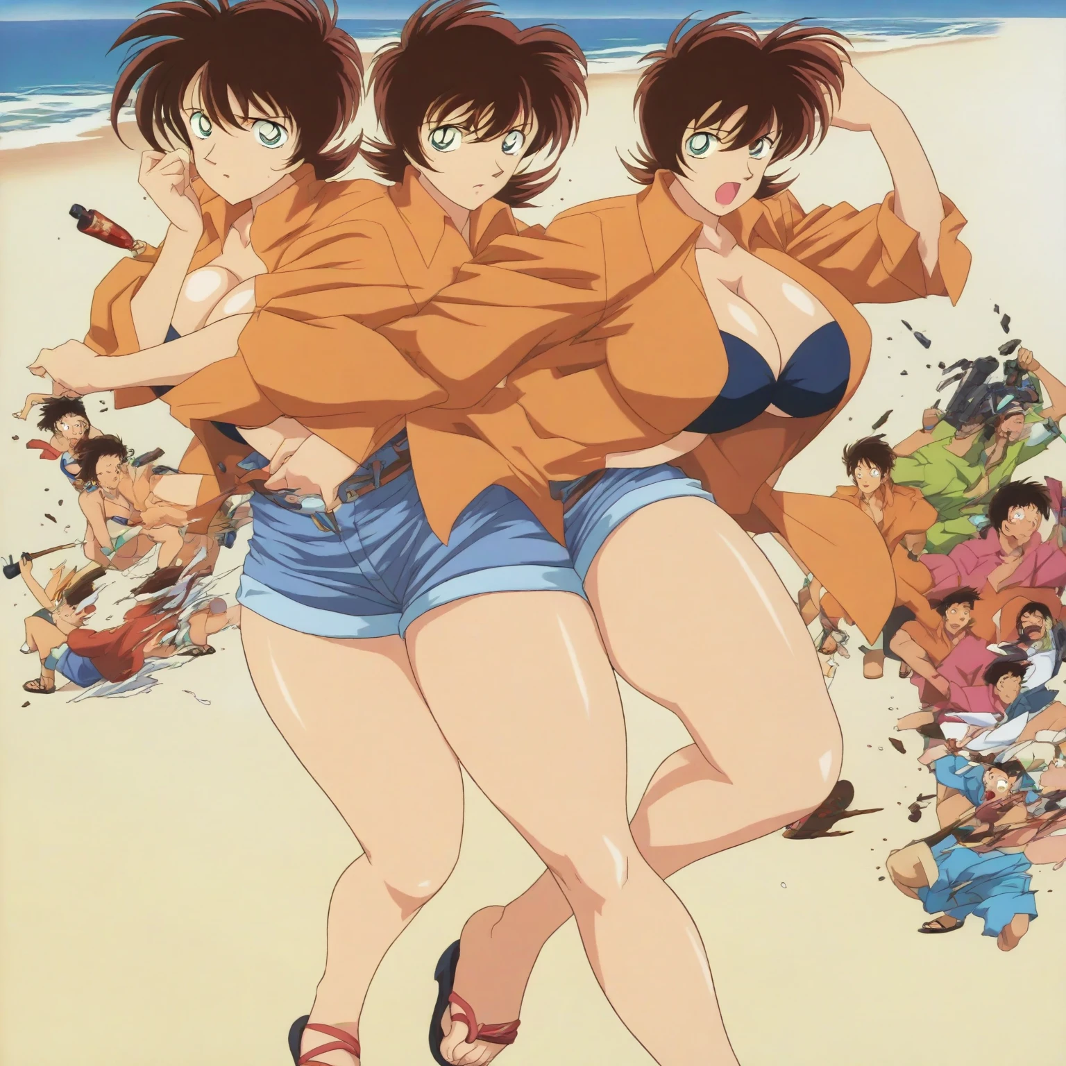 masterpiece, highest quality, disorganized, retro artstyle, 1980s \(style\)))), look viewer, 2 girls, chaseing on the beach, (Madoka Ayukawa, running away long hair, white bikini) (a girl hikaru hiyama chasibg short hair, vermilion one-piece swimsuit),