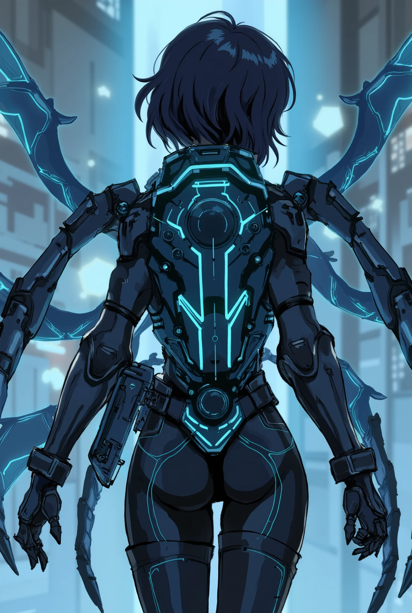 Prompt: a slim female character with short hair, seen from behind, wearing a dark medical uniform and tightly strapped leather harness, carrying a high-tech medical backpack on her back, shaped like a vertically stretched hexagonal coffin, made of dark blue-black metal with glowing cyan lines, mechanical details such as exposed tubes, screws, and vents clearly visible, from the backpack, four biomechanical appendages shaped like sharp clawed spider legs or tapered cones emerge, hovering protectively around her, also from her lower back extend six glowing holographic wings with bat-like bone structures, fusion of medical equipment and alien biotech, high detail, back view, intricate mechanical parts in focus

--ar 9:16 --style anime --v 5

Negative prompt: low quality, bad anatomy, extra limbs, blurry, lowres, poorly drawn hands, worst quality, bad proportions, fused fingers, deformed, cartoon, childish, soft lighting, low detail


