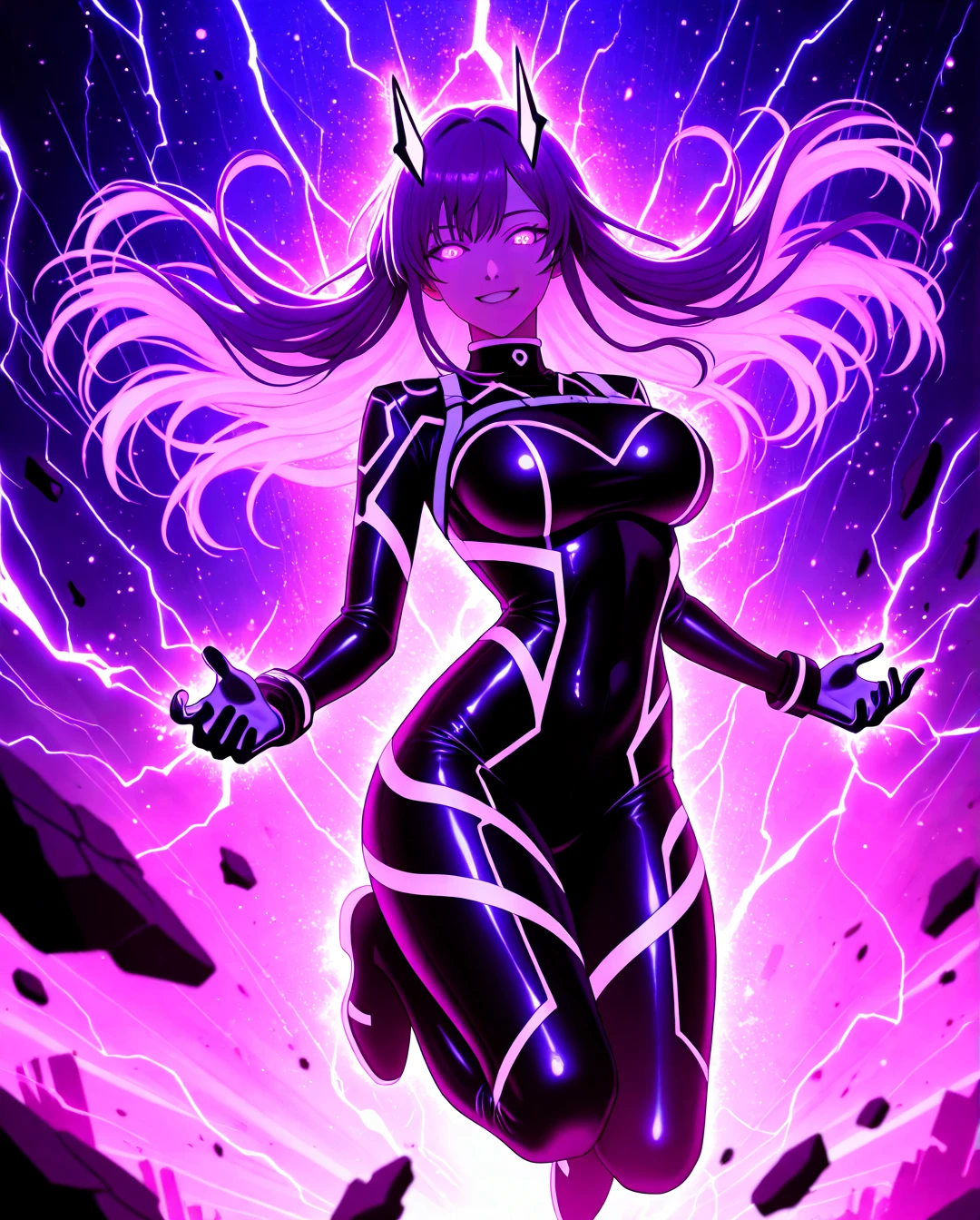 ((beautiful anime girl with a perfect athletic figure, beautiful breasts and hips, all completely black, Eyes glow purple , very angry epic evil stance she is bursting with purple energy and purple lightning everywhere, she's furious, there's a purple aura around her)), ((in detail down to the smallest detail, ultra graphics 8k, Best quality))
