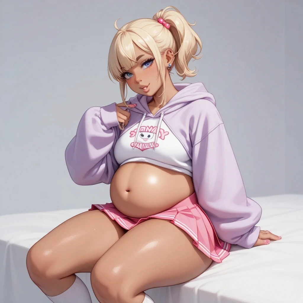 Sister in a white T-shirt with colorful graffiti and white shirts, big belly, saliva, hungry, tummy, bellybutton, mouth open, Rolling the tongue, Little sister, fart, anime, toilet, vore, nsfw