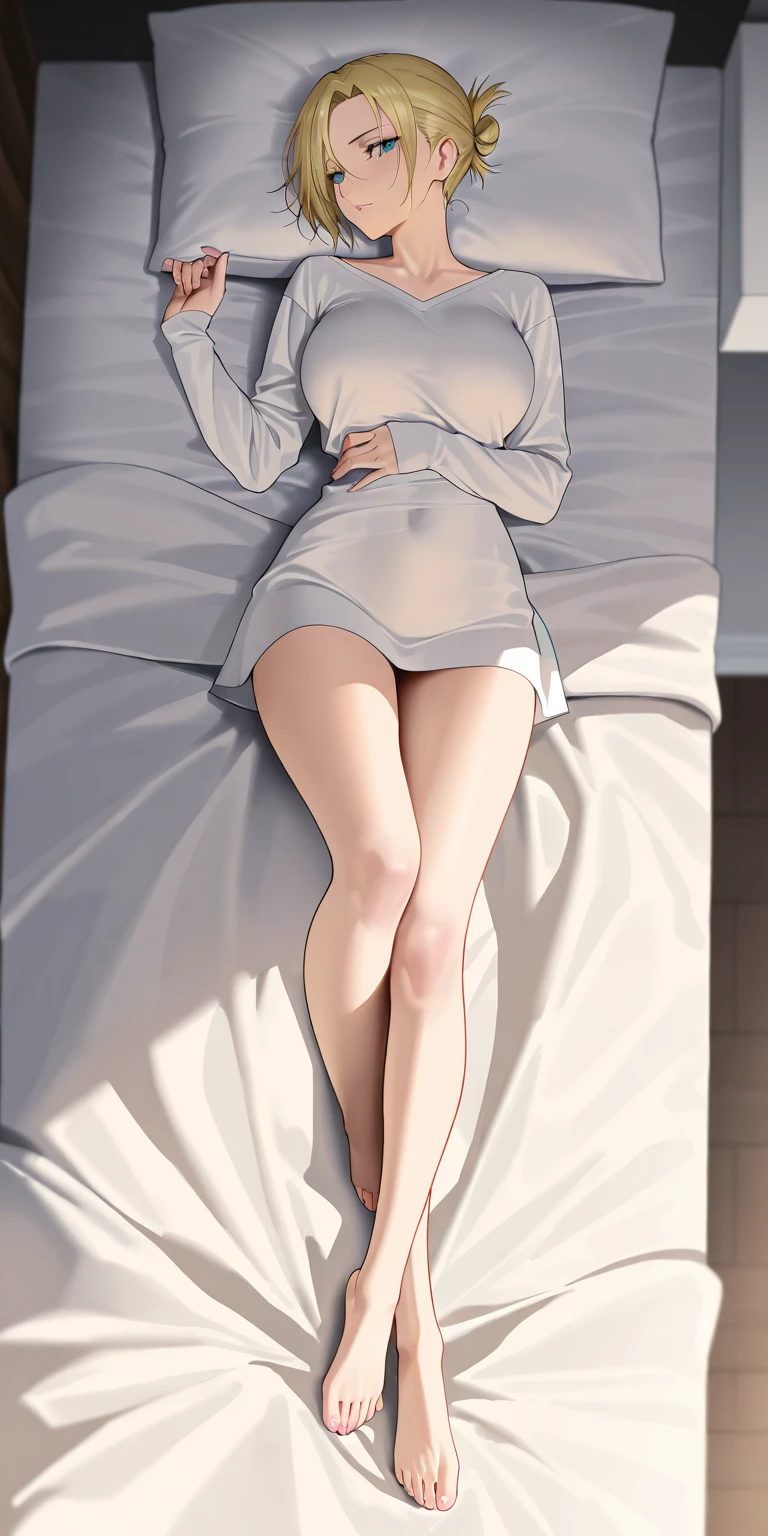anime styled, Anime Artwork,The ultra -The high-definition,超A high resolution,An embarrassed expression of pleasure with one eye closed, Pretty lips,beautiful a girl,long eyelashes, Twin tails bundled with a red ribbon,a blond,length hair, Clothes are not coming,Not wearing a bra,no-bra,No panties, Panties,(barechested:1.4),The areola is clearly visible., Almost full nudity,bare-legged,opening legs,Open crotch,Draw the whole body from the top of the head to the toes。Lying on a bed with pink bedding and a wide open crotch,legs wide open,Full view of the crotch,Embarrassing,「Hey look、I'm soaking wet here」As she said this, the girl opened her legs to reveal her own private parts。