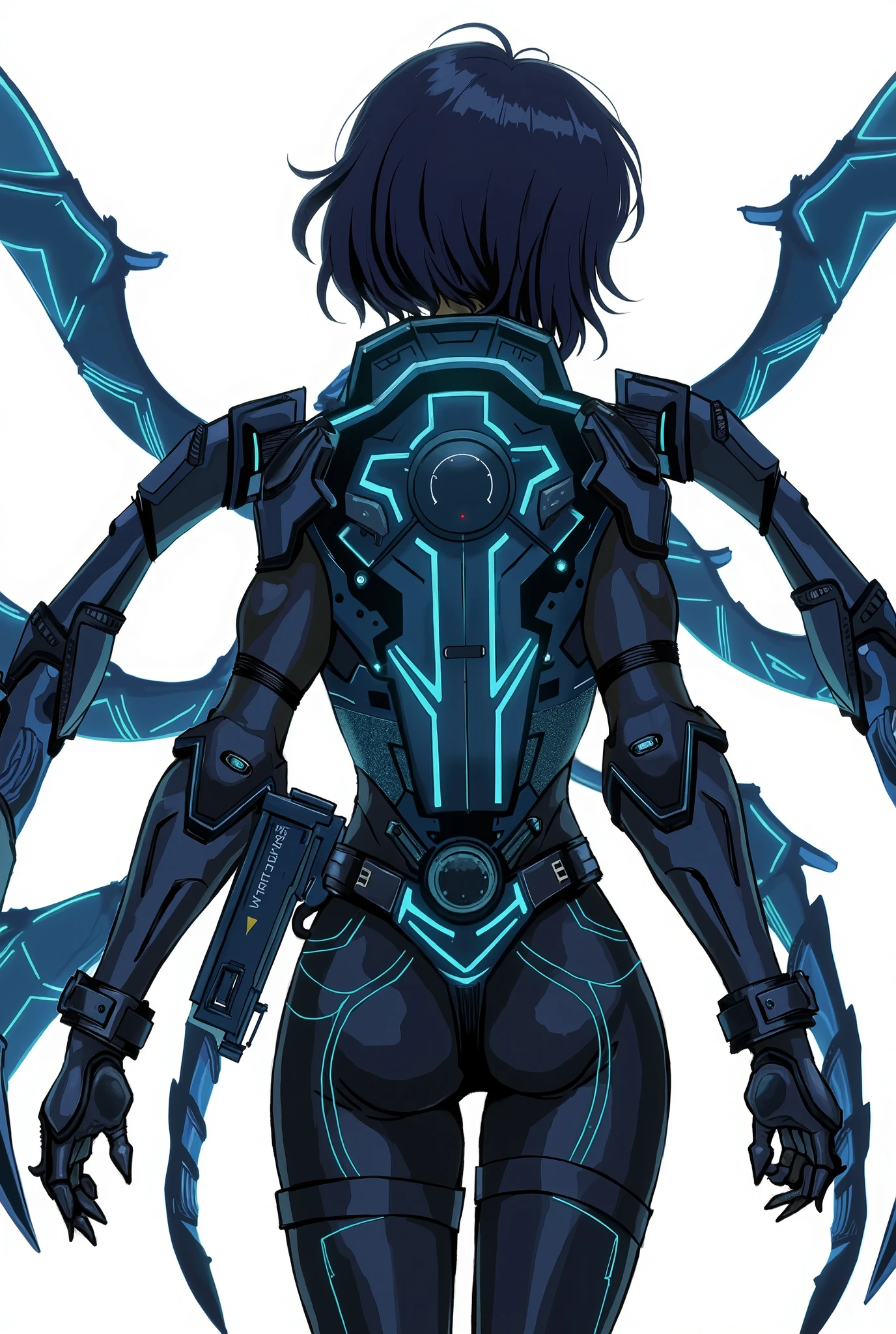 a slim female character with short hair, seen from behind, wearing a dark medical uniform and tightly strapped leather harness, carrying a high-tech medical device,professional,photorealistic,highly detailed,cinematic lighting,intricate details,moody atmosphere,dark medical facility,industrial interior,glowing medical equipment,advanced technology,cold color palette