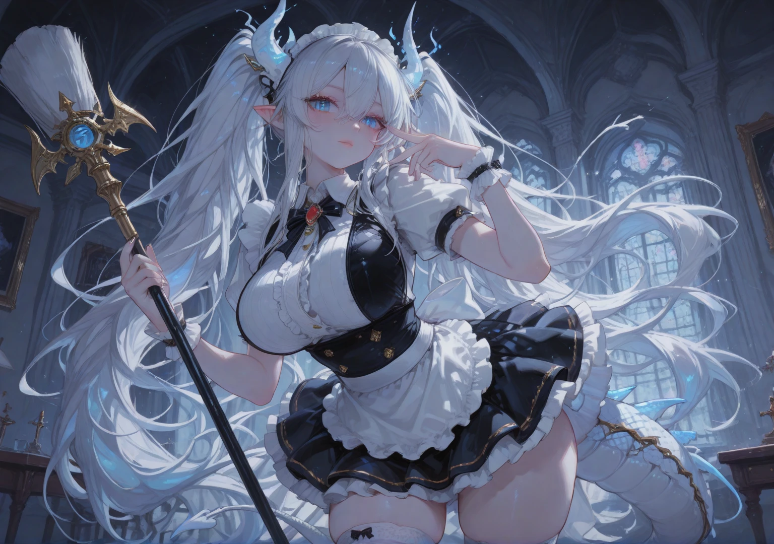 Portrait of an elf anime style big white hair with bangs,short skirt,torn shirt,thick thigh,big ass,hd,ultra detailed