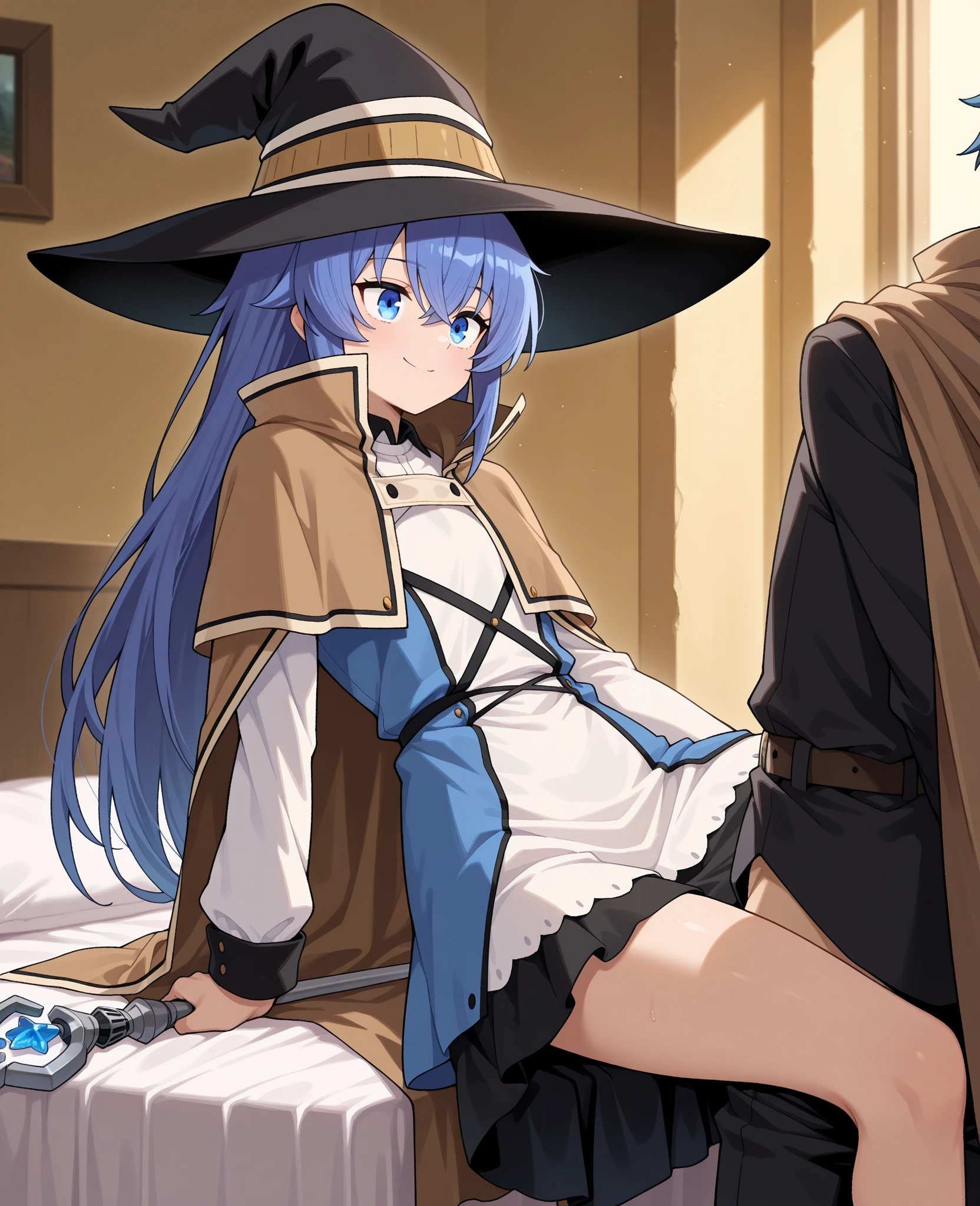 NSFW,(((1girl,1boy,sex,vaginal,clothed ))),Mushoku Tensei Style, Roxy Migurdia, bangs, Black Hat,blue eyes, Blue Hair, Braiding, brown Cape,  white lace panties,Floating Hair, Hair between the eyes, Have, Long Hair, View your viewers,witch Have, indoor,bedroom,on the bed, break masterpiece ,8k unity wallpaper,anime key visual,highest quality, High resolution, unity 8k wallpaper, (shape:0.8),anime coloring,highly detailed face, detailed eyes,growing eyes,shiny skin,fine skin,white skin,dense skin,detailed hair,highly detailed legs,perfect lighting, Detailed CG, (perfect hands, perfect anatomy),High resolution,(Detailed wear ),slender limbs, delicate curves, dainty hands,figure:0.8,