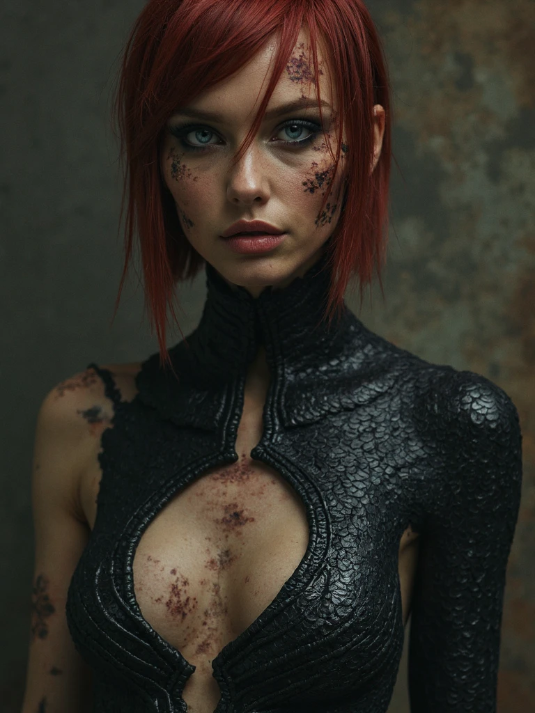 The badass gothpunk warrior, mature woman, strong body, (red eyes), dark red hair,, battle scar's, neon shadows,, dark horror gloomy weather, ghost,,,tattoos,(massive perfect snoopy breast:1.0), massive perfect breast,,(muscular body:0.5), undercut hairstyles,,shot hair, (naked breast), (realistic skin texture:1.2),4k, (cinematic photography:1.0),,(head and breast closeup)