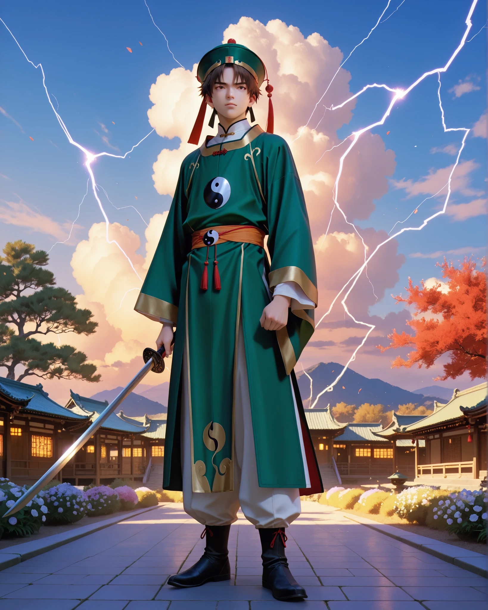 (masterpiece, absurdres, realistic:1.2), (photorealistic:1.5), best quality, Ultra High Resolution, 1boy, RiShaoran, japanese boy, very handsome, perfect face, cute face, intricate detail, clear and beautiful detailed eyes, detailed skin, pale skin,
male focus, solo, brown hair, brown eyes, hat, green headwear, chinese clothes, shirt, white shirt, pants, white pants, robe, green robe, yin yang, long sleeves, wide sleeves, perfect hand, the index and middle fingers of the right hand holding a vertical talisman (the talisman has four large chinese characters "雷帝招來" in the middle, lightning magic flashes around it), left hand holding a sword, Excellent body proportions, perfect anatomy, dynamic pose, full body,
modern rural japanese village, sky, cloud, flower, tree, cinematic composition, soft lighting, Cinematic Lighting, deep shadows, Bright colors,