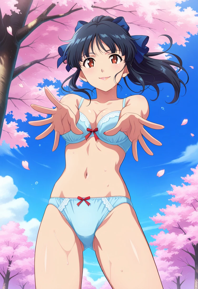 [[anime styled]],[[digitalart]],NSFW,1girl in,(Portrait),face focus/close up,from above,park,(many cherry blossoms),Cherry blossoms are in full bloom,Cherry blossom petals dance and are scattered,strong windy,(hold the hair),standing,Tomomi_Xijing,black hair,hair ribbon, Short hair,(nude),(white bra,bra strap),(white panties),shoes,medium build,perfect anatomy,Smile,blush,best quality,master piece,Perfect Lighting,(strong light),((brighten the subject)),oily skin,cury:1.2,,Best Quality,anime screen cap,Flat color,cel shading,Panties,short torso,,