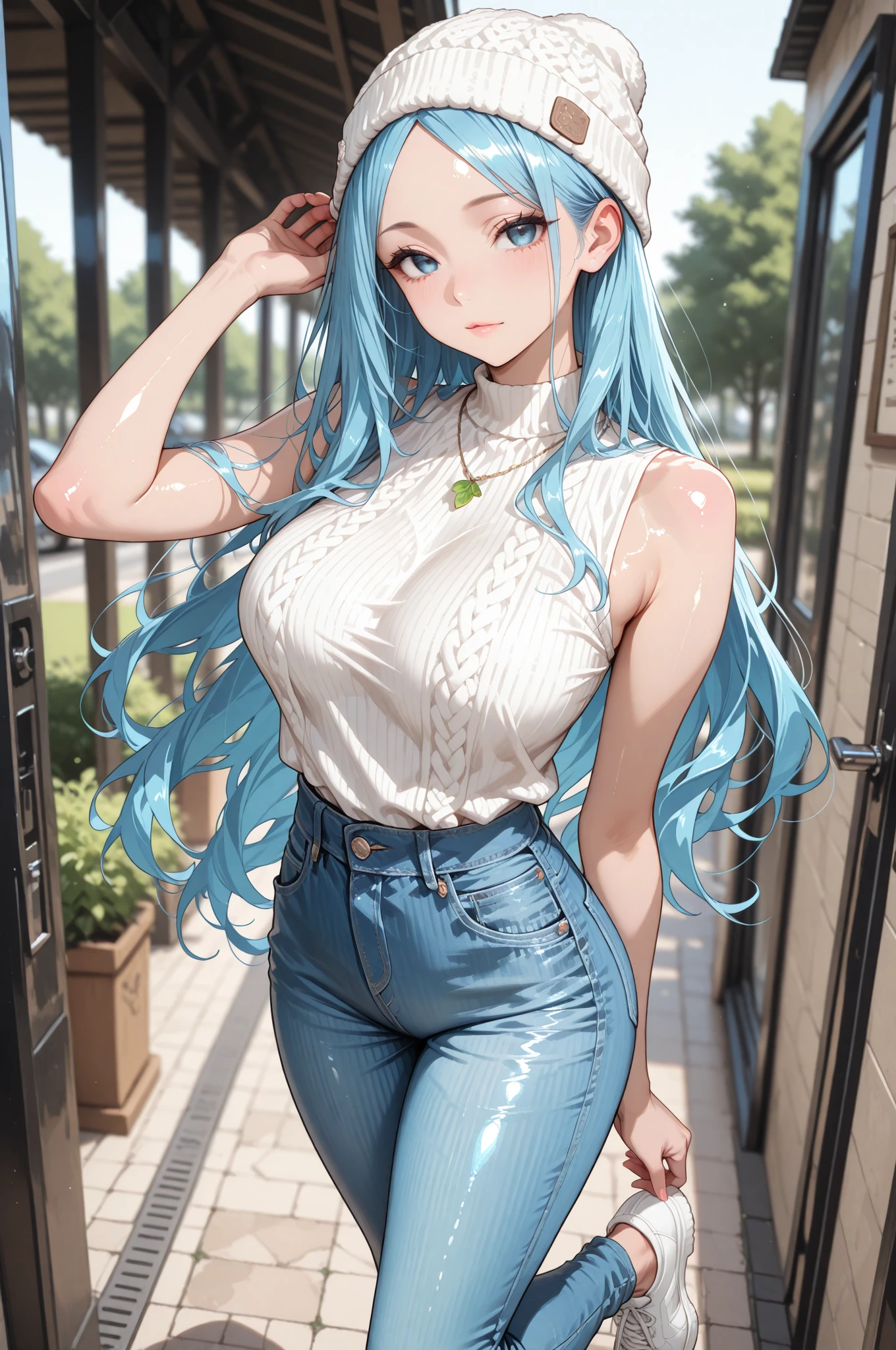 Bulma in tight red pants standing on a balcony, de espaldas. grueso thigs, grueso, big booty, skinny waist and grueso hips, Caderas anchas, grueso, wider hips, trasero tonificado, belleza asombrosa, incredibly inflated hips, traje ajustado, grueso thighs, grupo, jeans negros muy ajustados, grueso body