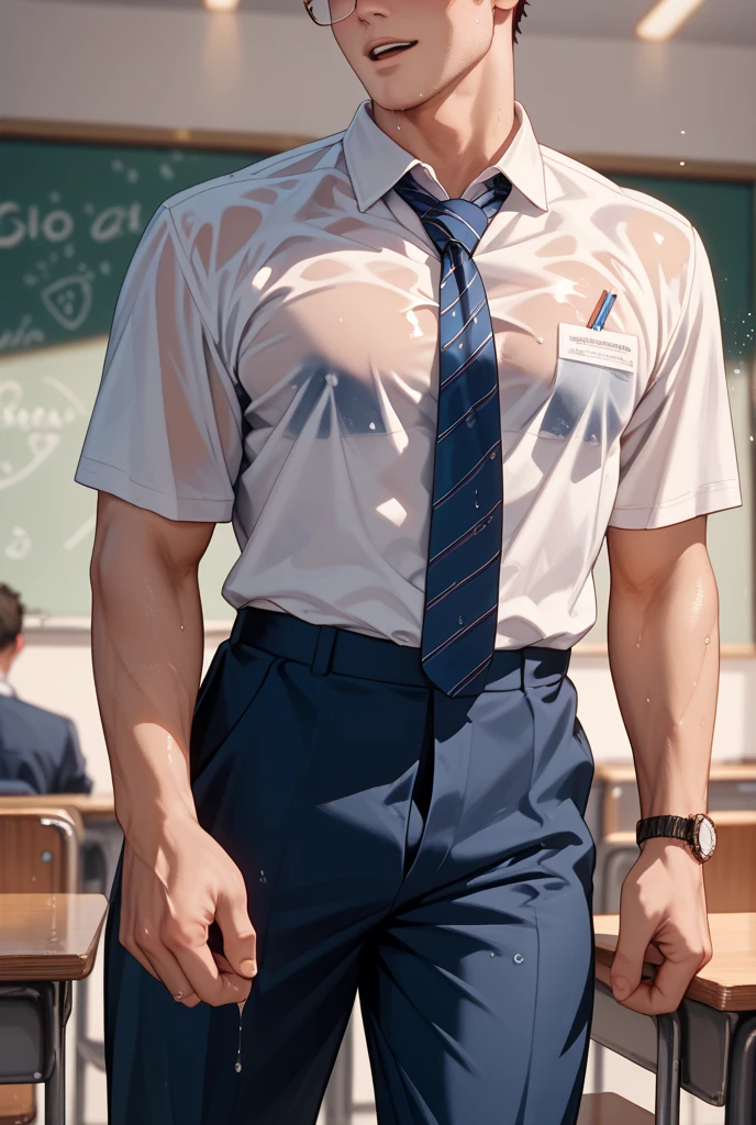 1 male student, handsome, sexy, muscular, blue school pants, bulging crotch, horny, Thai male school uniform, high resolution