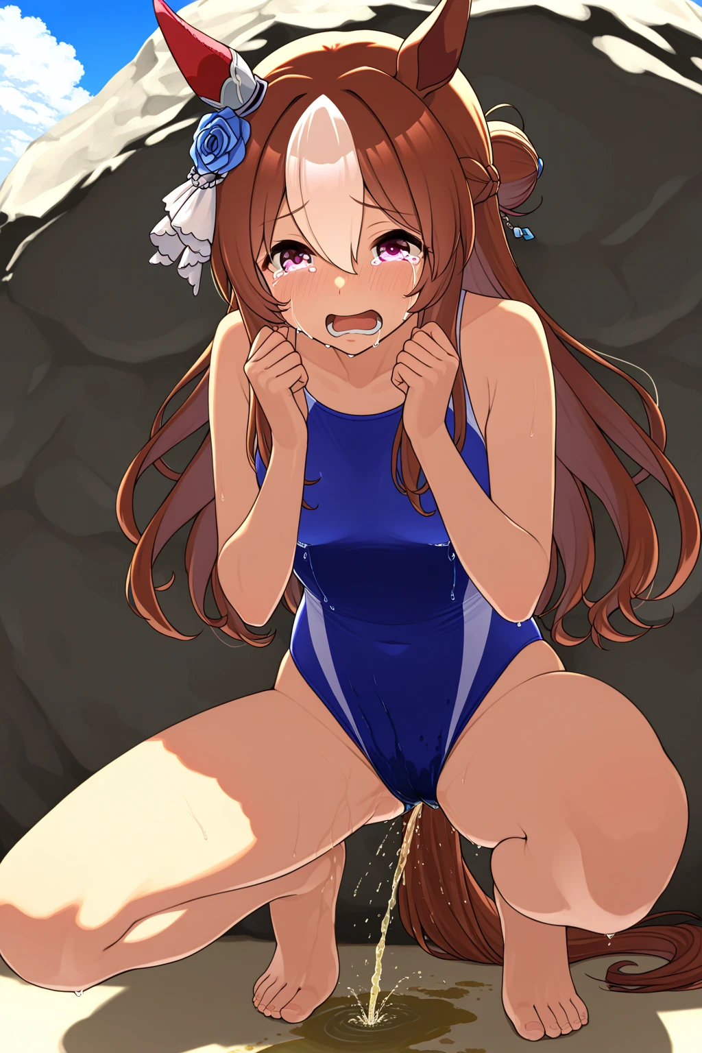 1girl, solo, blunt bangs, , braid, brown eyes, twin braids ,brown hair, tiny, 10years old (large Breasts:1.6), nsfw, nipple, naked, empty eyes, frozen ,amusement park, ,Wet, crying ,, Naked, , Peeing, lactation, projectile lactation