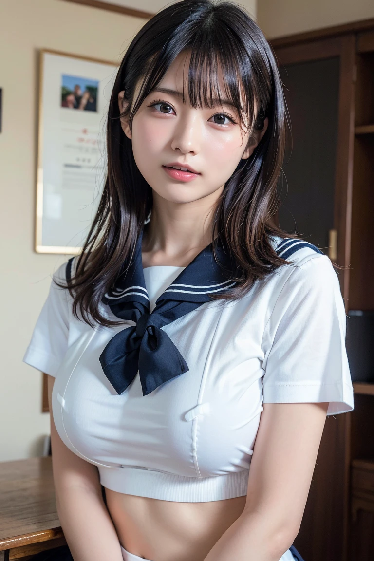 (8K, RAW Photos, Highest quality, masterpiece:1.2), (professional photography, full colors, studio-caliber color grading), (Gravure quality for high-end fashion magazines), BREAK,18 year old girl, short bob hair, crying a little, Harajuku style, Big Natural Color Lip, (Plumpy body:1 (smooth skin:1.1 (huge breasts:1.0 BREAK, Black Sailor Uniform, serafuku, Navy pleated skirt