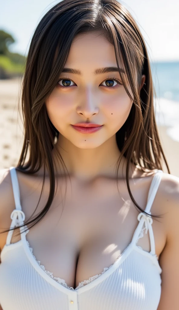 (Summer beach、Walking along the beach、Walking on the beach side:1.2、Resort、blue sky、Beautiful sea)、((Black Bikini、Bikini Tops、Abdominal muscles)、(Sweat pants:1.3)、Sandals、Big Breasts)、the wind is strong、(Realistic、Like a photograph、Live Action、8K, Realistic, RAW Photos, Best image quality: 1.4), Single-lens reflex camera、RAW Photos, Highest quality, Realistic, Highly detailed CG Unity 8K wallpaper, Written boundary depth, Cinematic Light, Lens flare, Ray Tracing, Realistic background、((ultra high density skin))、 A teenage girl traveling in Okinawa,Cute Japanese、(whole body:1.5)、Super detailed face、Kissing Face、Facial expressions that want to kiss),avert your eyes:1.1、(Silver Hair、Straight Long Hair:1.2、My hair flutters in the wind:1.4)、I like that style、stylish、Very detailed、Pay attention to the details、Perfect outfit、(Sunburned skin)、View from the front、Accurate hands、Accurate legs、Detailed hands and fingers、Anatomically correct body