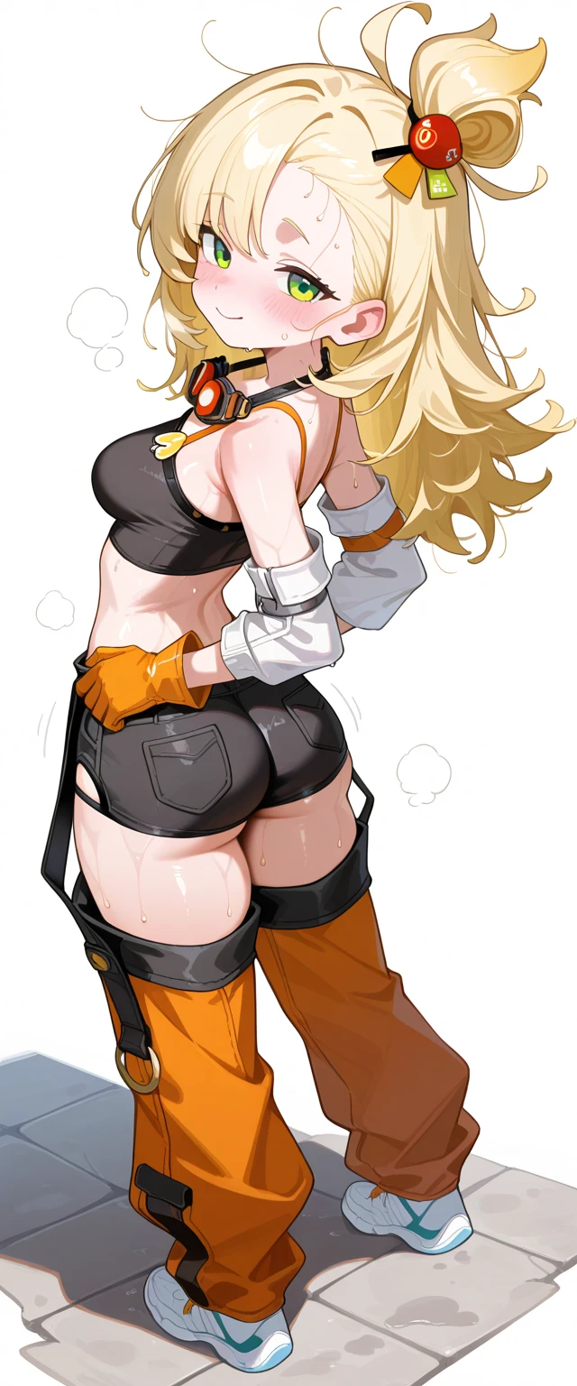 Pretty girl, blonde hair in bun, cute, black japanese uniform, black shirt, black collar, with tie, faccing viwer, looking at viwer, ((skinny hips)), atlethic arms, ((toned legs)), ((thighs on frame)), toned, (muscular female), (large breasts:1.2), curvy BREAK, ((short black skirt)), ((sleeveless)), ((bare thighs)), faccing viwer, cute face, (((vibrant colors:1.2), vivid BREAK intricate details, (masterpiece:1.3), (best quality:1.3), (perfect ???????:1.4) BREAK, (beautiful white clouds:1.3), puffy clouds, white sky)), sulcate, cell shading, simple shading, clean lineart