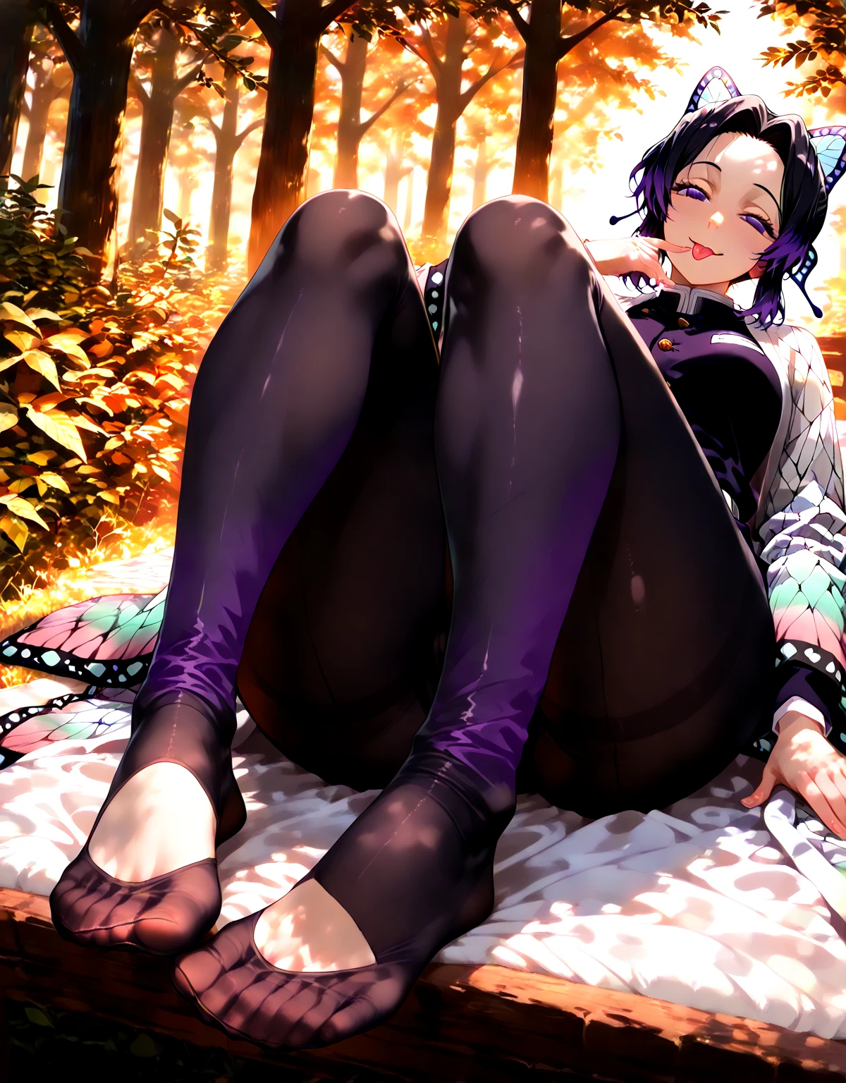 score_9,score_8_up,score_7_up,score_6_up,score_5_up,score_4_up, kochou_shinobu, kimetsu_no_yaiba, 1girl, butterfly_hair_ornament, purple_eyes, showing soles, 5 toes