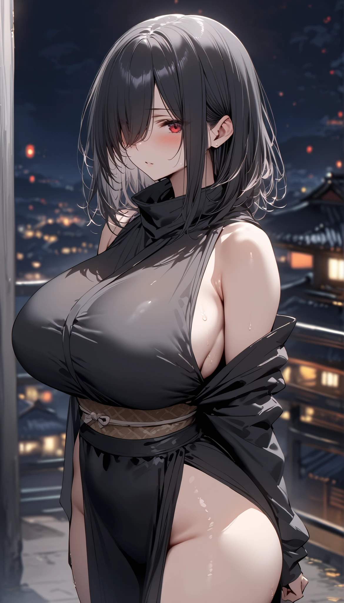score_9, score_8_up, score_7_up, score_6_up, source_anime, <lora:FMT 0.2v:1>, FMT, motherly, mature female, 
 nsfw, wet skin, super wet, sweat, sweating, oiled skin, oiled, dripping, japanese clothes, black kimono, breasts, 1girl, hair ornament, black hairclip, black hair, huge breasts, short hair, lantern, sky, solo focus, festival, looking at viewer, large breasts, expressionless, night, open mouth, black sash, outdoors, summer festival, paper lantern,black obi, blush, areola slip, black outfit, black theme, bob cut,