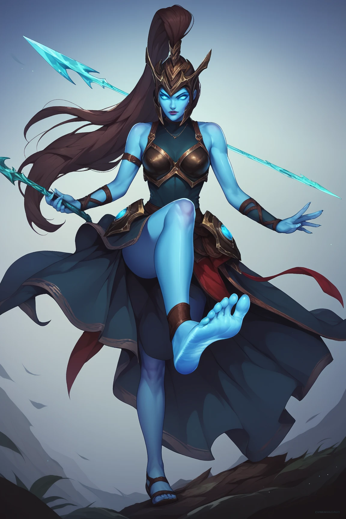 masterpiece, best quality, 1girl, kalista, closeup, blue skin, colored skin, glowing, helmet, long hair, no pupils, ponytail, solo, sketch, simple background